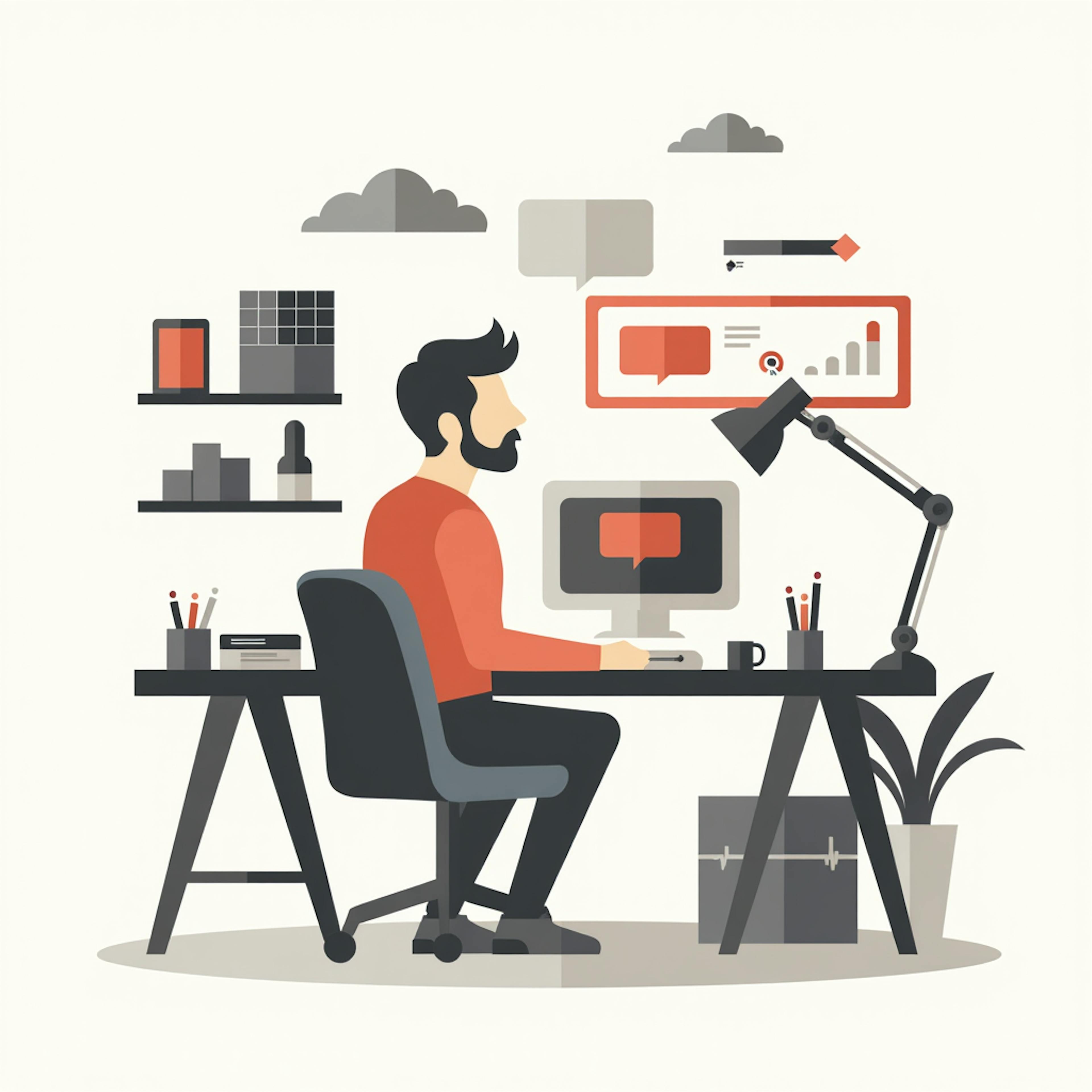 Illustration of a man working at a computer desk surrounded by icons and charts, symbolizing workflow optimization and efficiency in design.
