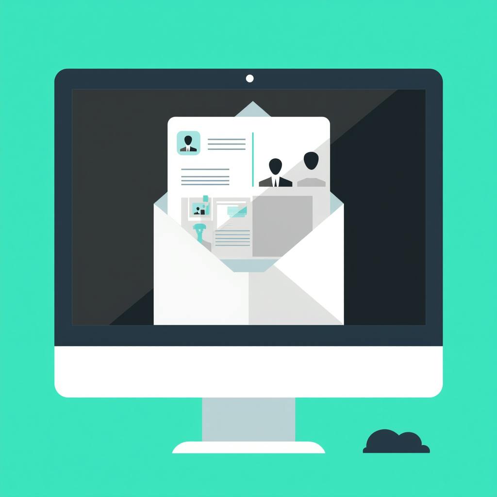 Flat design of a computer screen showing an open envelope with digital resumes and icons, symbolizing a curated email design portfolio for professionals.