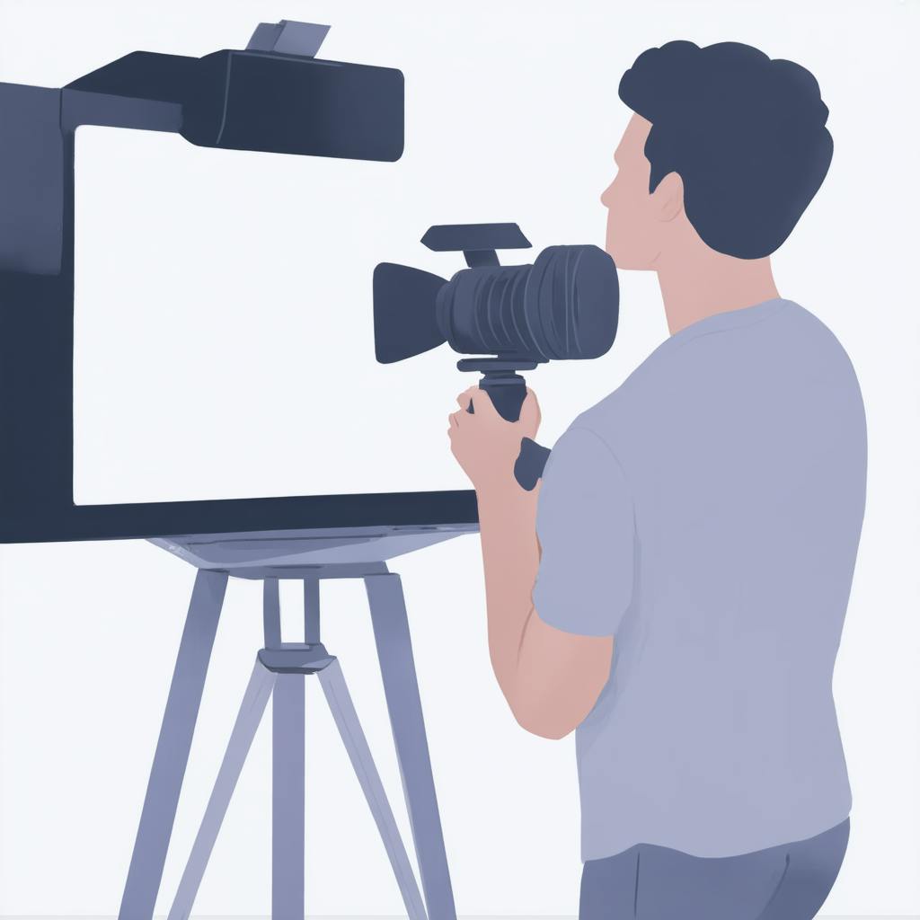 Illustration of a man holding a professional video camera in front of a large monitor, representing the production process for a corporate animated video.