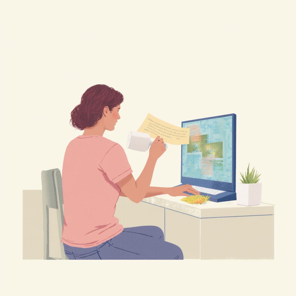 Woman reviewing notes and sipping coffee while editing a corporate animated video on a desktop computer, showcasing script-to-screen workflow.