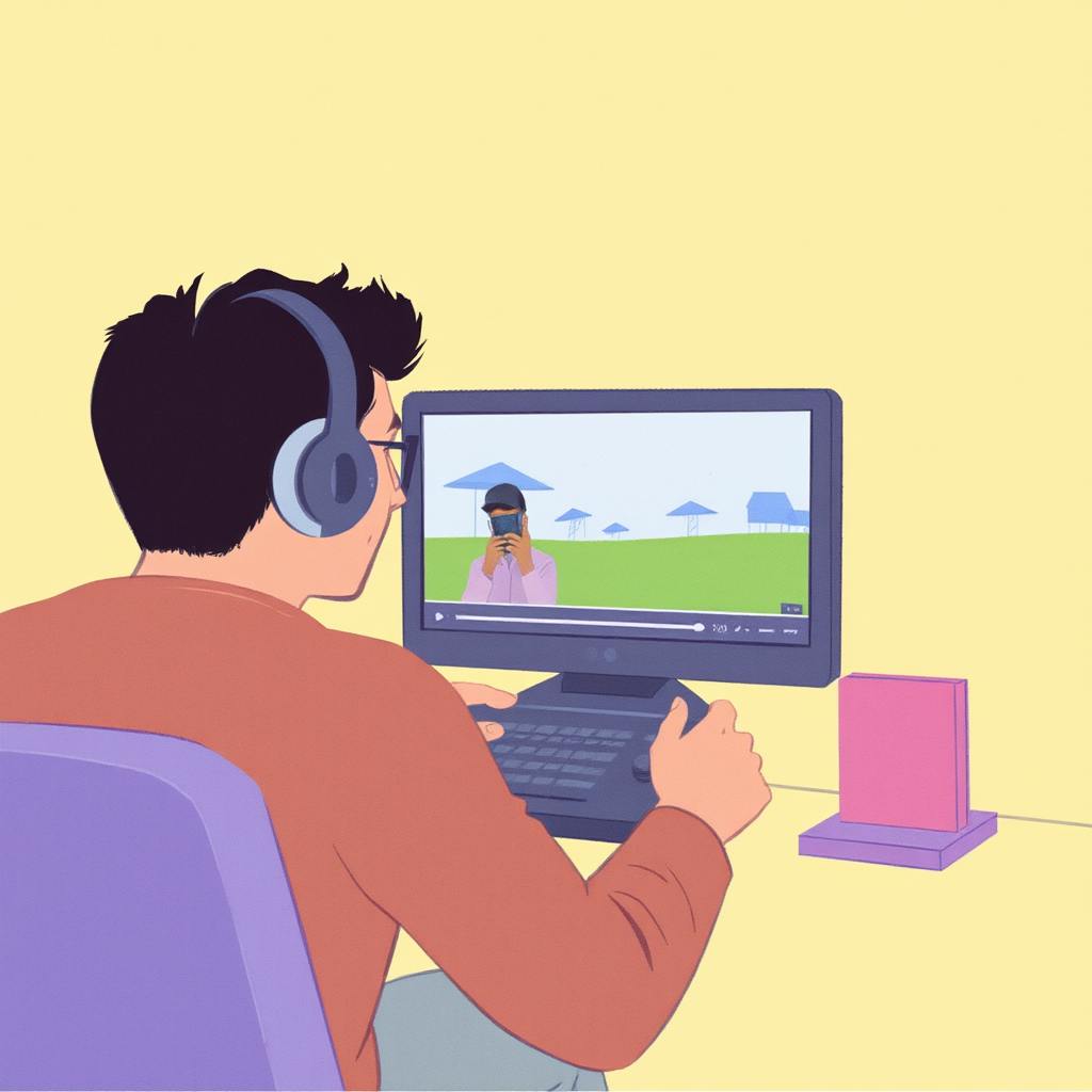 Person wearing headphones editing a corporate animated video on a computer, with a paused scene showing animated characters under sunshades.