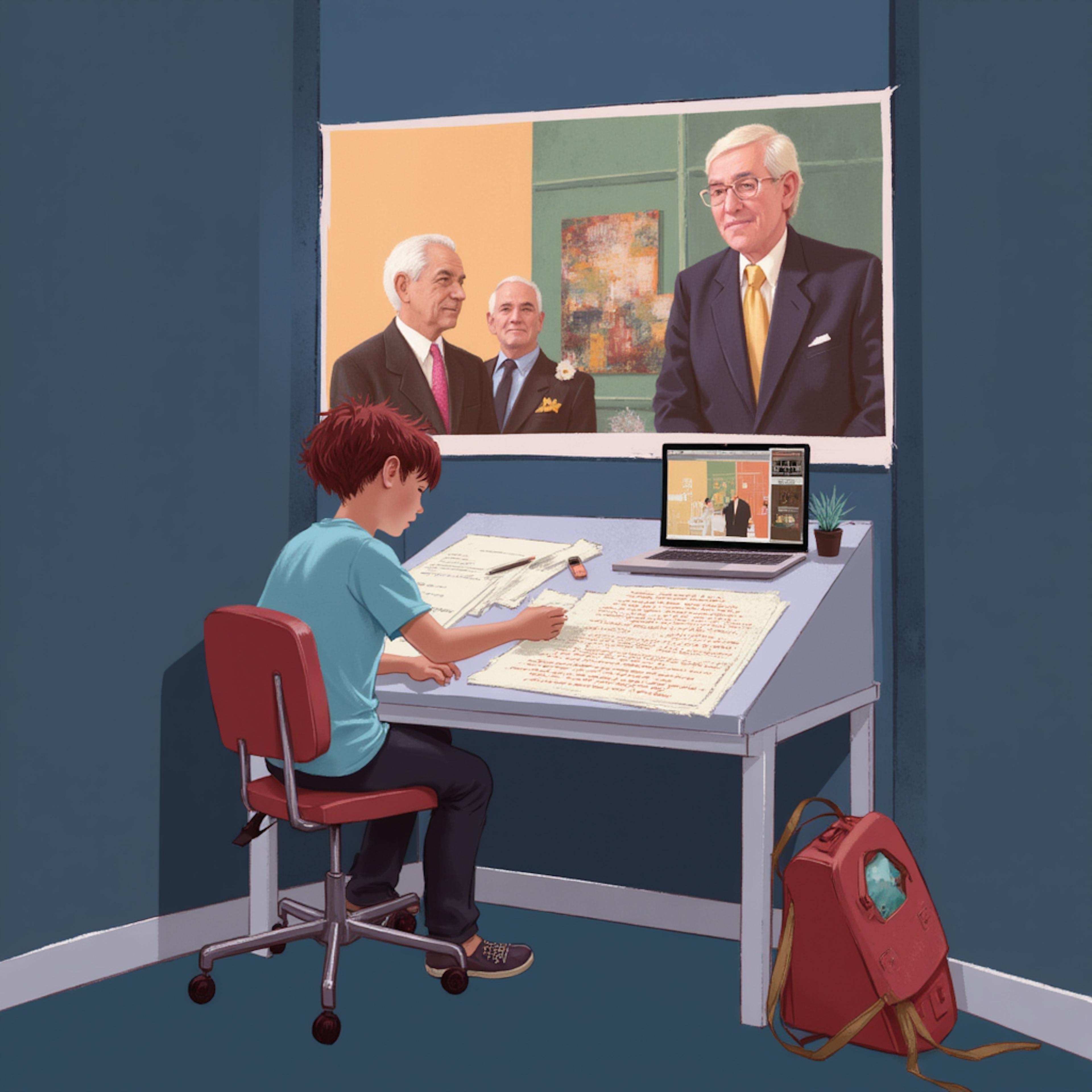 A young boy sits at a drafting desk in a deep blue room, working on handwritten notes with a laptop and a projection of elderly men in suits behind him—symbolizing mentorship and legacy as captured by one of the best graphic artists in the world.