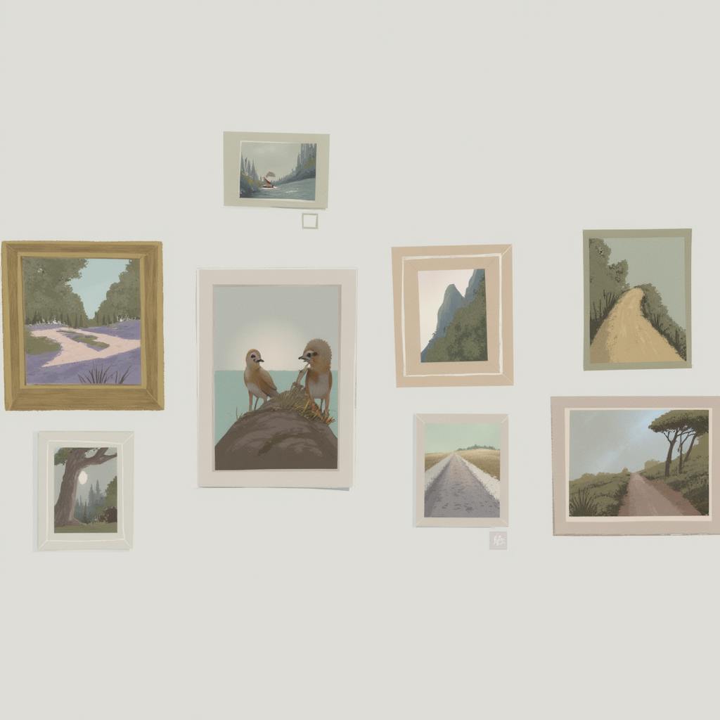 A curated wall of framed illustrations featuring peaceful landscapes, animals, and scenic roads in soft pastel palettes—an aesthetic testament to the talent of the best graphic artists in the world.