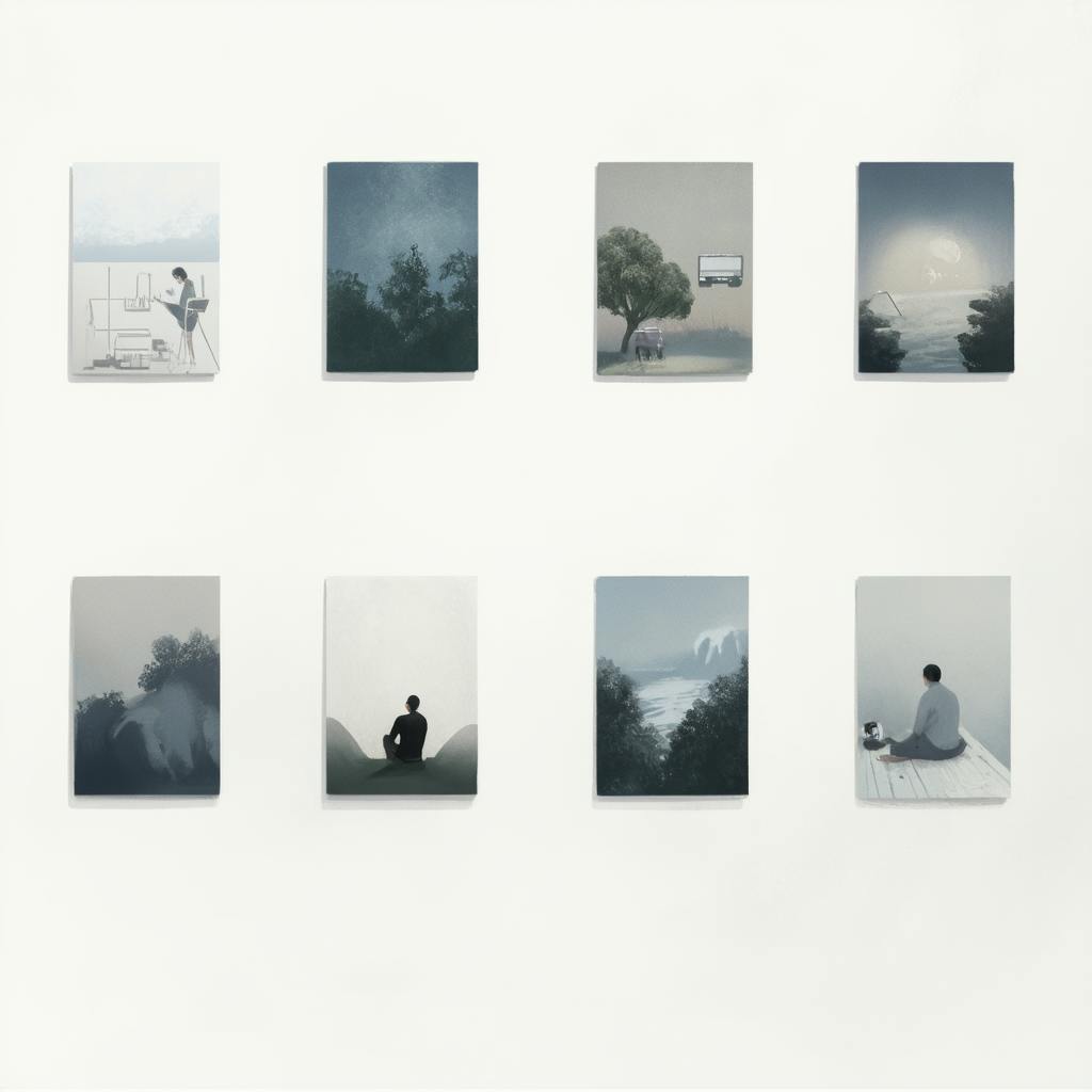 A collection of minimalist digital artworks in muted tones displayed in two neat rows on a white gallery wall. The pieces depict serene nature scenes and contemplative figures, reflecting the poetic visual language of some of the best graphic artists in the world.
