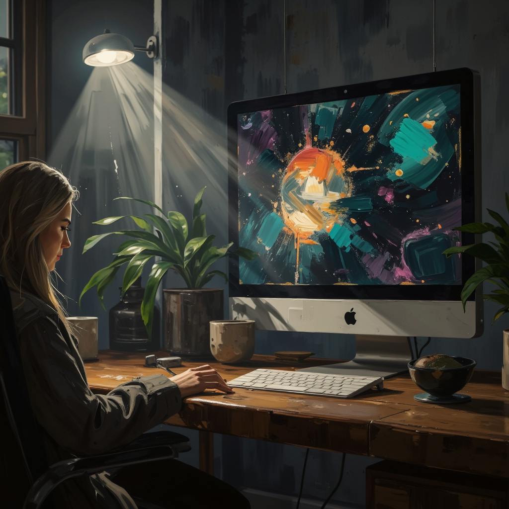 A woman works at a wooden desk illuminated by soft light, focused on a bold digital artwork displayed on her computer—reflecting the digital artistry of the best graphic designers in the world.