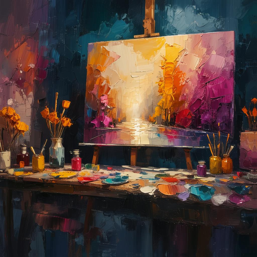 An impressionist-style painting in vivid oranges, purples, and golds stands on an easel in a vibrant studio, surrounded by paint jars and flowers—showcasing the expressive creativity typical of the best graphic designers in the world.