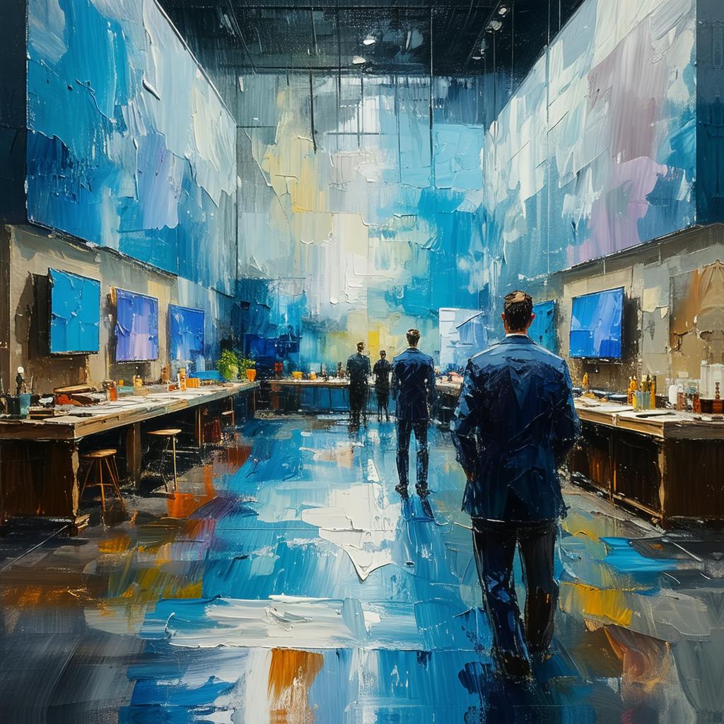 A large, modern design studio with sleek decor and cool blue hues features professionals in suits walking across the floor—an innovative space shaped by the best graphic designers in the world.