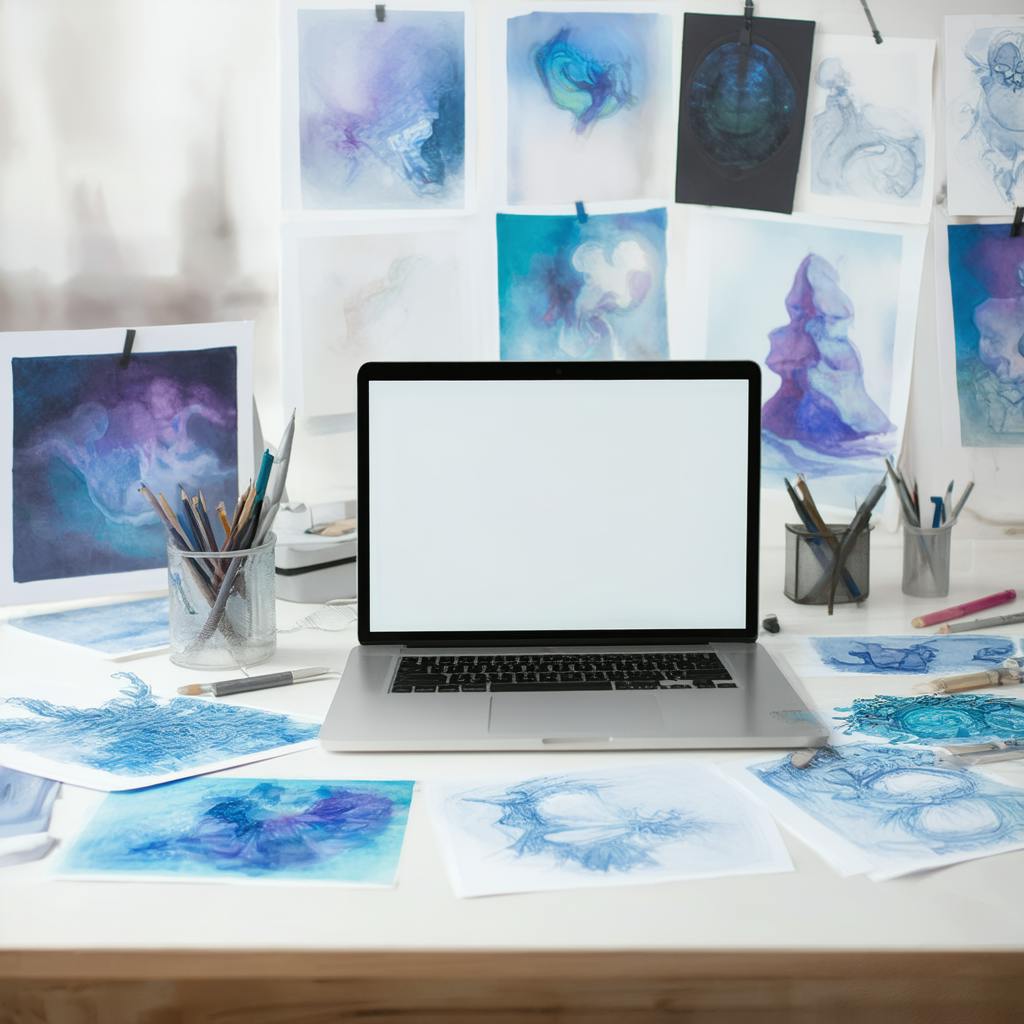 A bright, artistic workspace with a blank laptop screen surrounded by abstract blue-themed sketches pinned to the wall—reflecting the conceptual ideation stage of a brand design specialist developing visual narratives.
