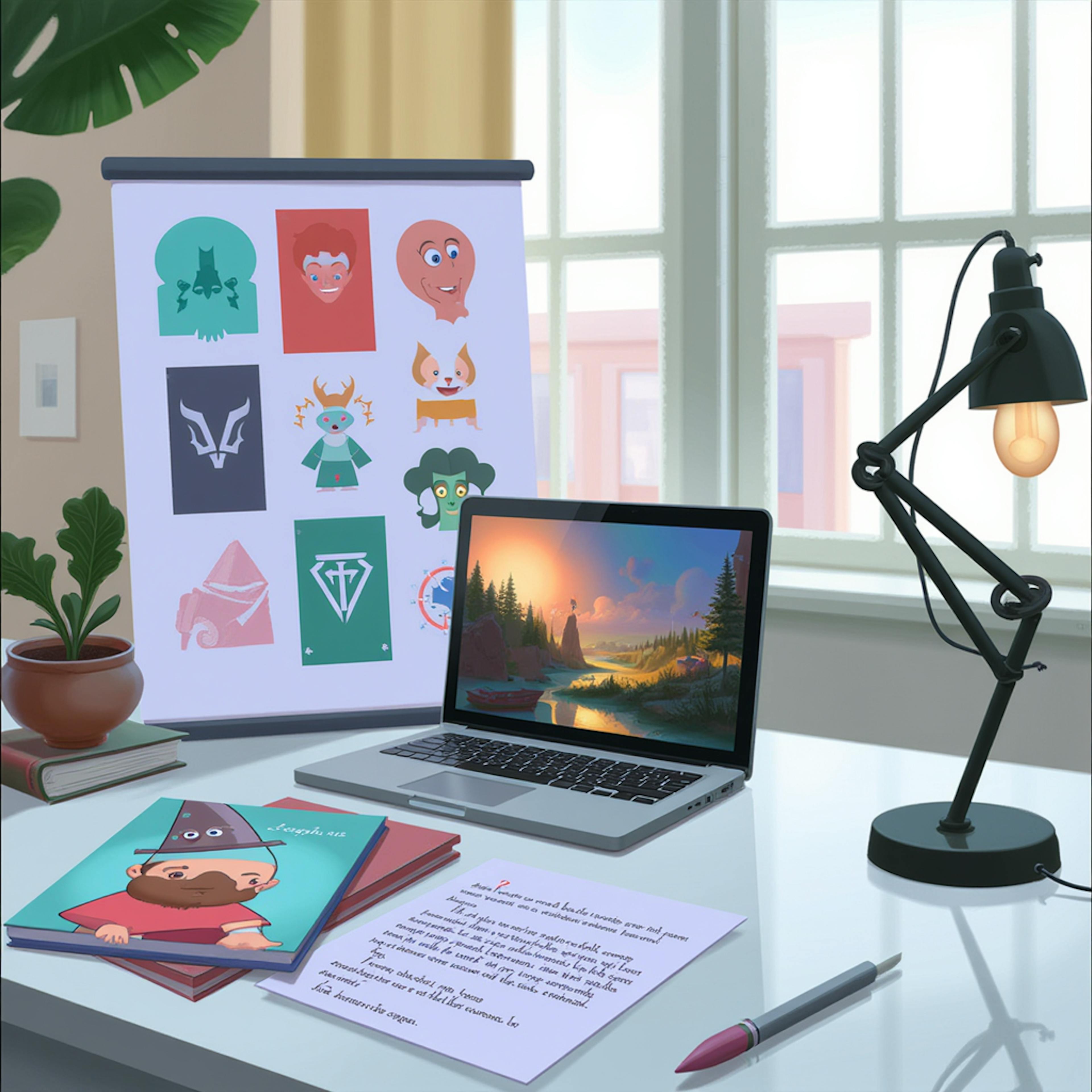 A desk setup with a laptop displaying a serene landscape, a flip chart with graphic icons, and illustrated books—demonstrating how a brand design specialist blends storytelling with strategic visual identity.