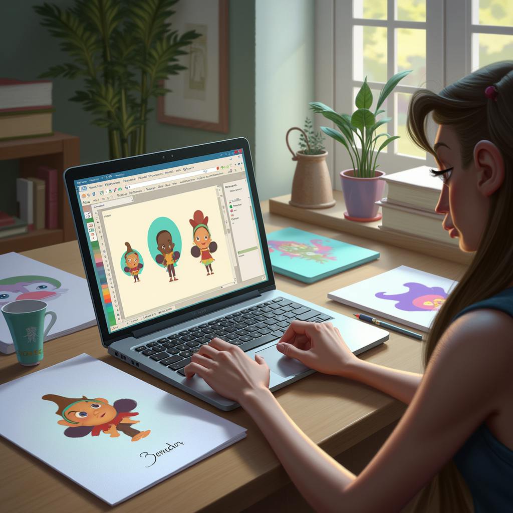 A woman works on a laptop creating colorful character illustrations surrounded by printed cartoon designs and sketchbooks—showcasing the playful creativity of a brand design specialist focused on character-driven visual identity.