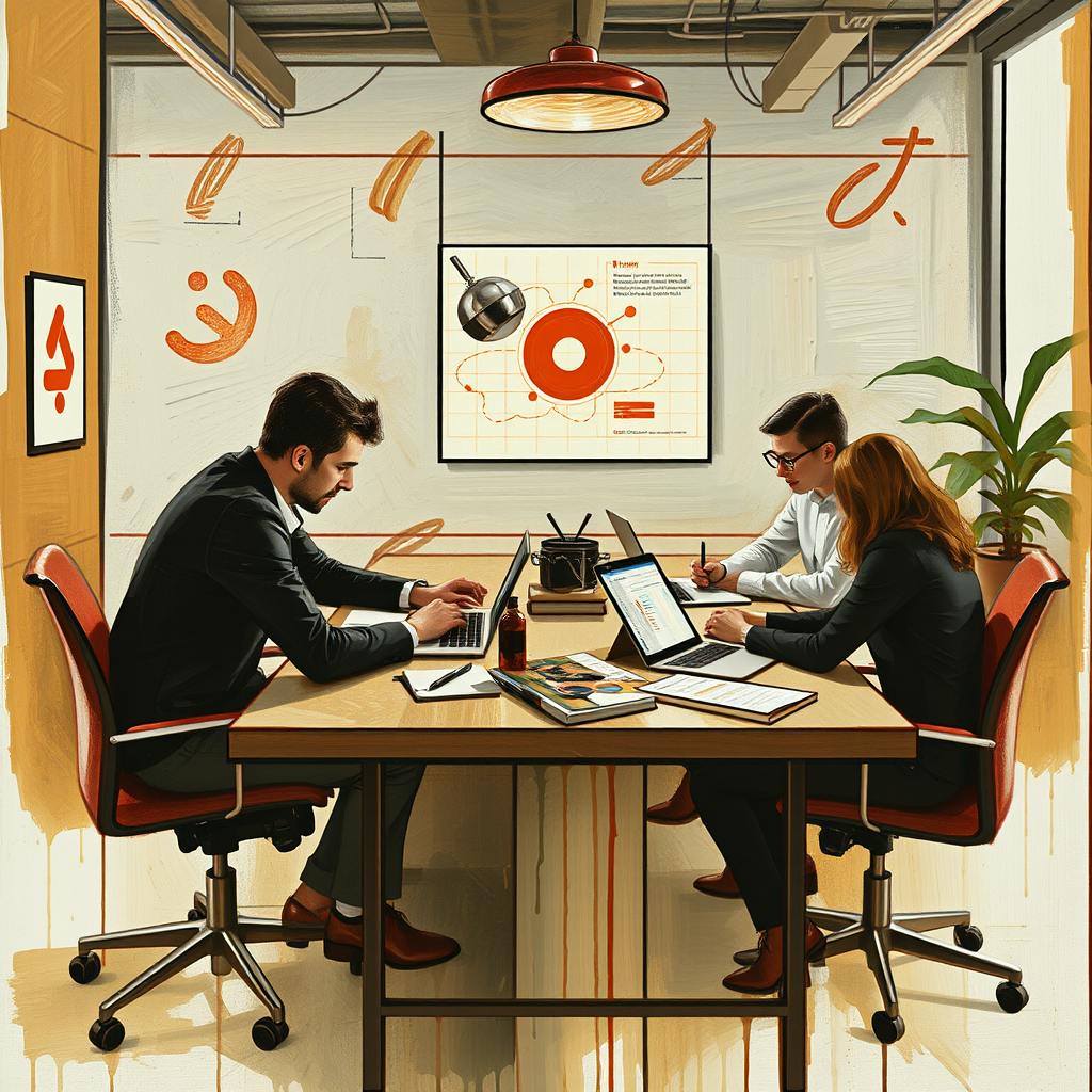 Three professionals work in a modern meeting room with branding charts, data visualizations, and laptops—actively engaging in analytical and creative brand development solutions.