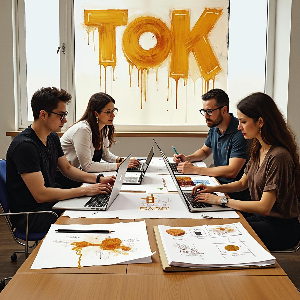 A group of designers gathers around a table reviewing logos and style guides beneath a bold, artistic "TOK" sign—exemplifying teamwork-driven brand development solutions in action.