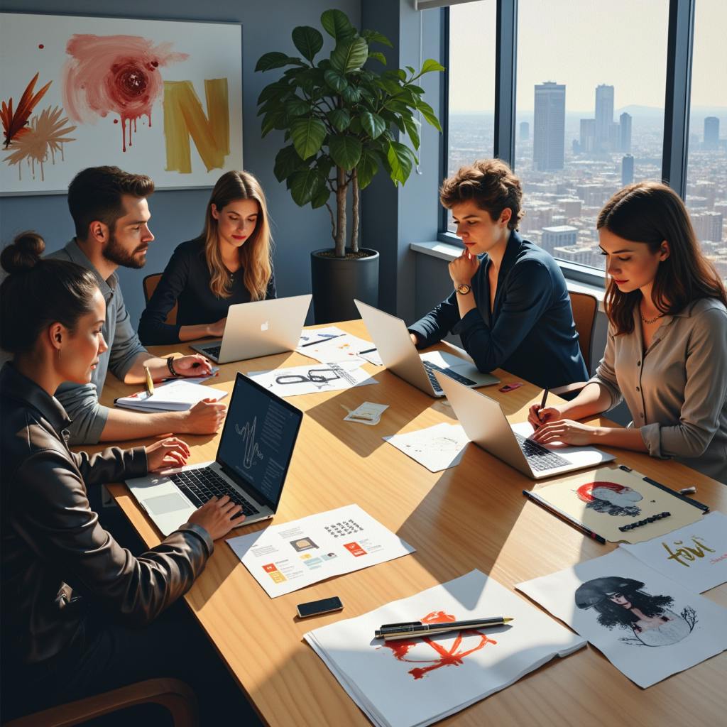 A creative team collaborates in a high-rise office with laptops and printed brand assets on the table, brainstorming visual identity concepts as part of comprehensive brand development solutions.