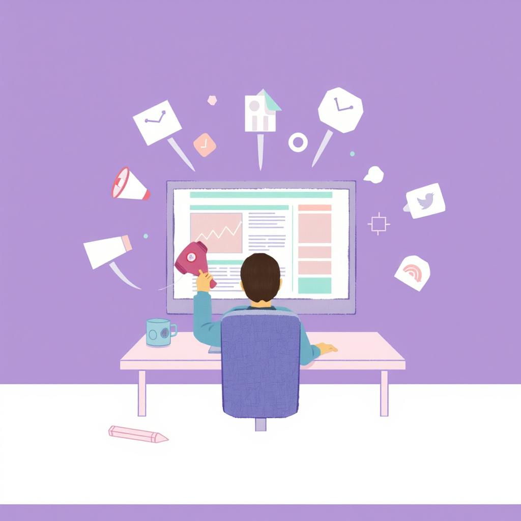 Illustration of a person sitting at a desk using a computer surrounded by marketing icons, representing various digital strategies for how to advertise your website effectively.