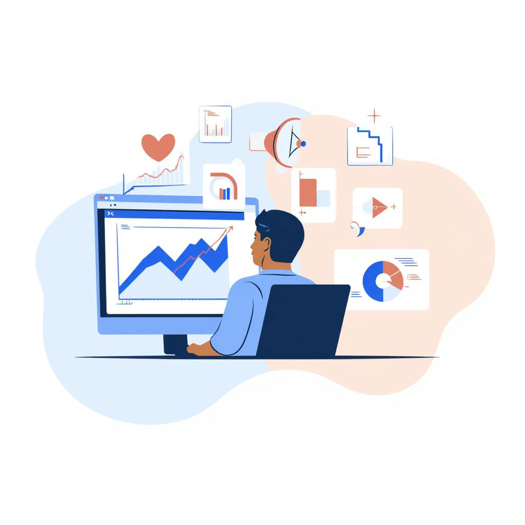 Flat-style illustration of a man analyzing growth charts on a computer, symbolizing performance tracking and data-driven methods on how to advertise your website.