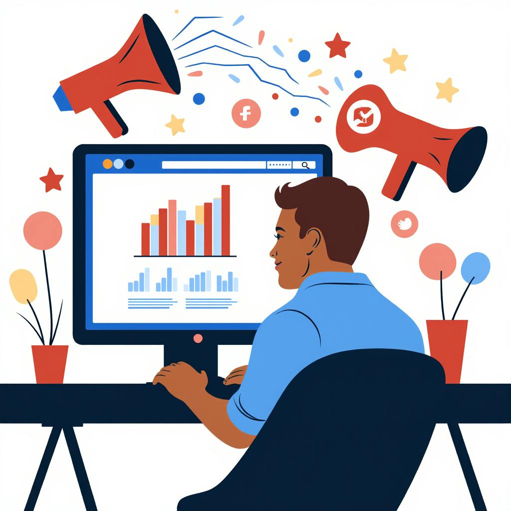 Modern graphic of a person working at a computer with megaphones and digital marketing graphics, visualizing creative approaches on how to advertise your website and boost traffic.