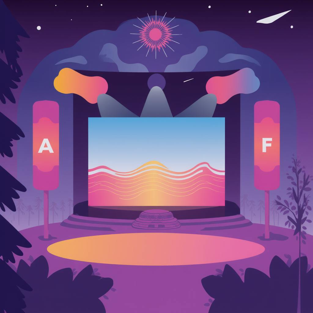 Stylized outdoor event stage with sunset-themed screen and branded A-F side banners, showcasing creative event branding design elements.