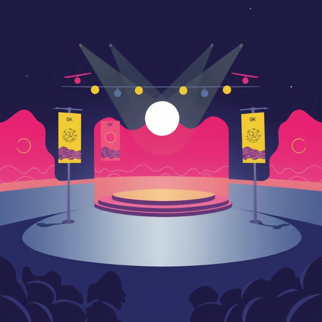 Modern circular stage under spotlights with EK-branded signage, emphasizing strategic event branding design for a high-impact presentation.