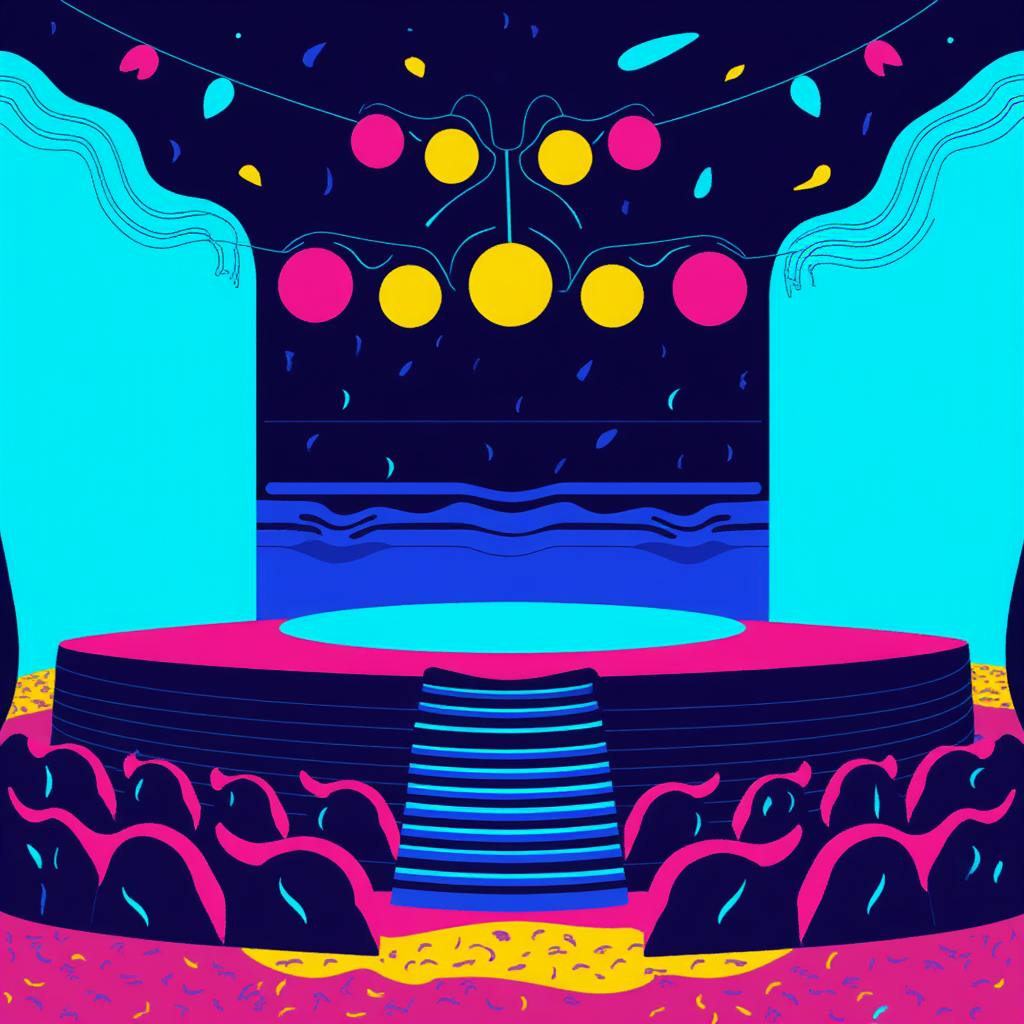 Colorful stage setup with circular overhead lights and festive confetti, illustrating event branding design in a vibrant auditorium setting.