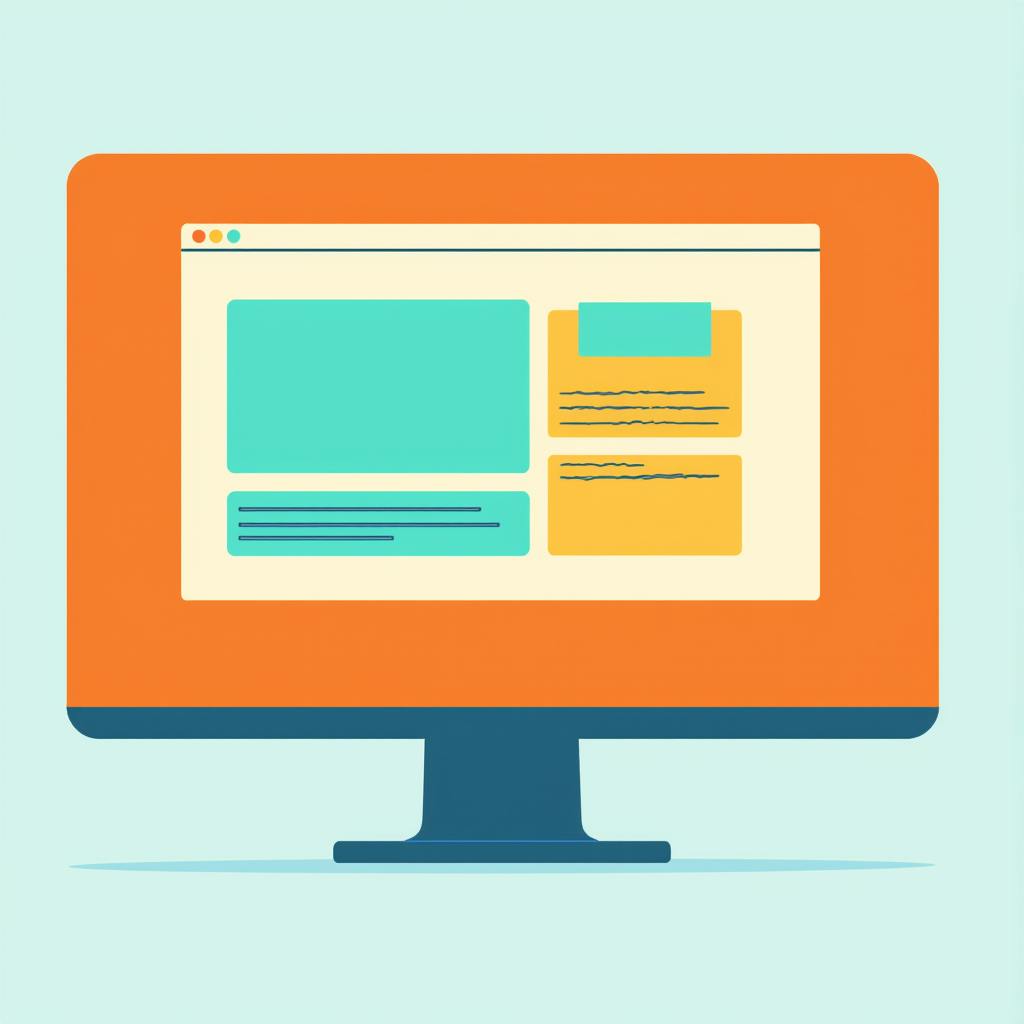 Minimalist illustration of a computer monitor displaying a basic web page layout with colorful sections, representing clean and effective examples of branded content in a modern UI.