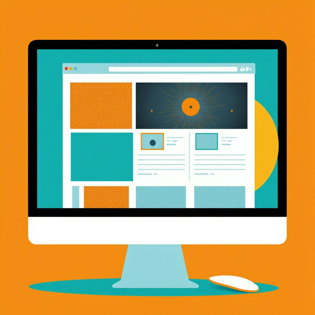 Flat design illustration of a desktop computer screen showing a grid layout of colorful branded graphics and content blocks—perfect for visualizing examples of branded content for digital marketing.