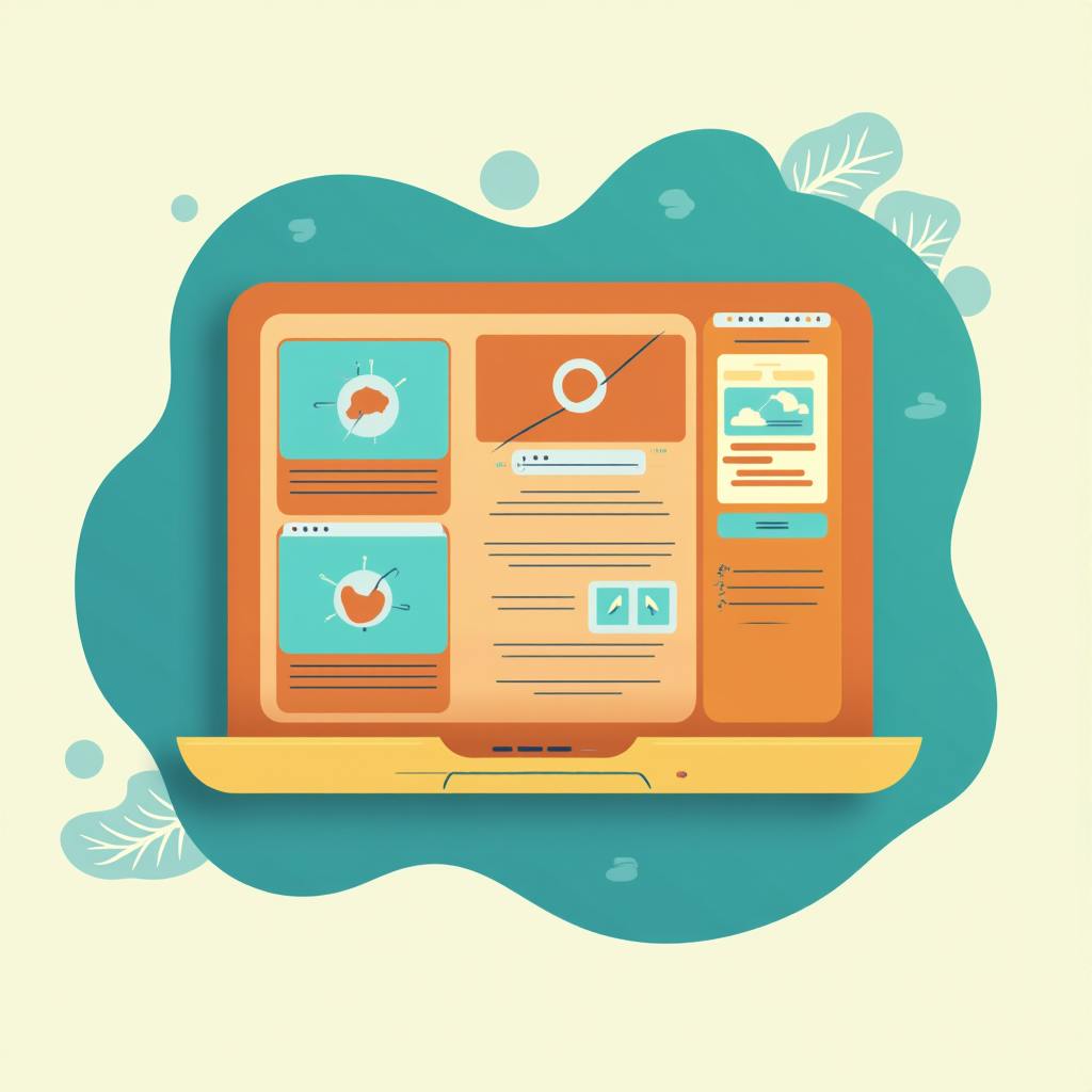 Illustration of a stylized laptop screen displaying multiple web content panels, charts, and media elements, serving as creative examples of branded content in a digital format.