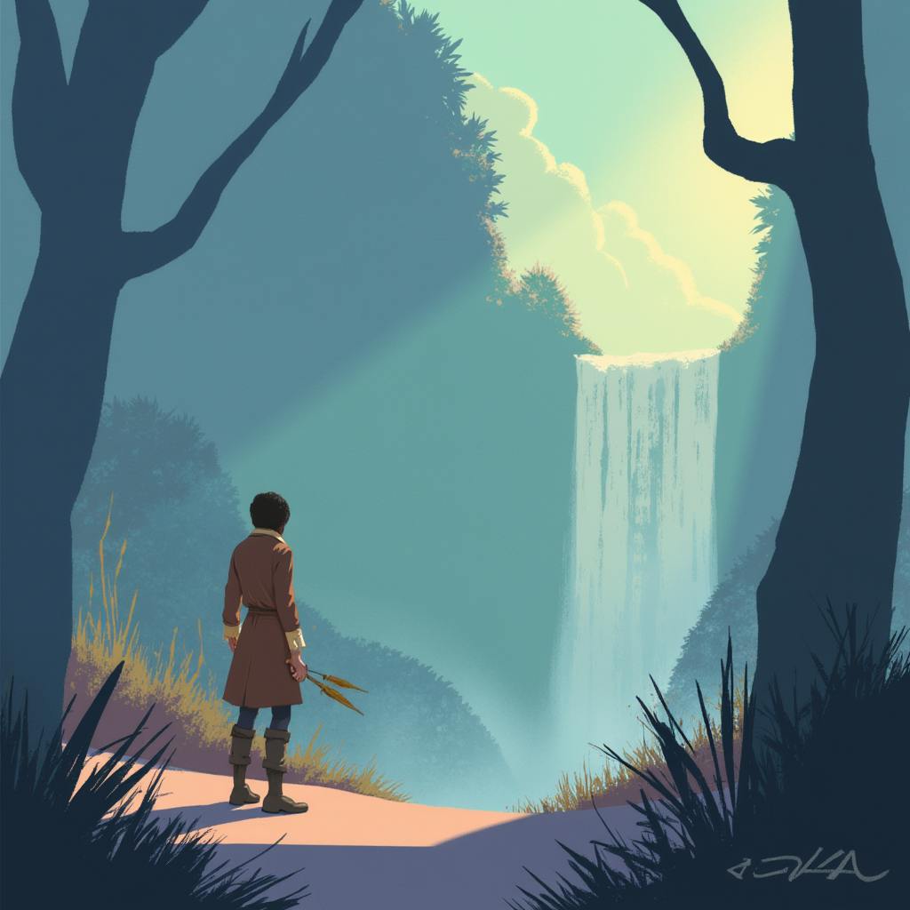 A young adventurer stands at the edge of a cliff, overlooking a glowing forest waterfall—ideal for adventure-themed fan fiction prompts with elements of discovery and wonder.