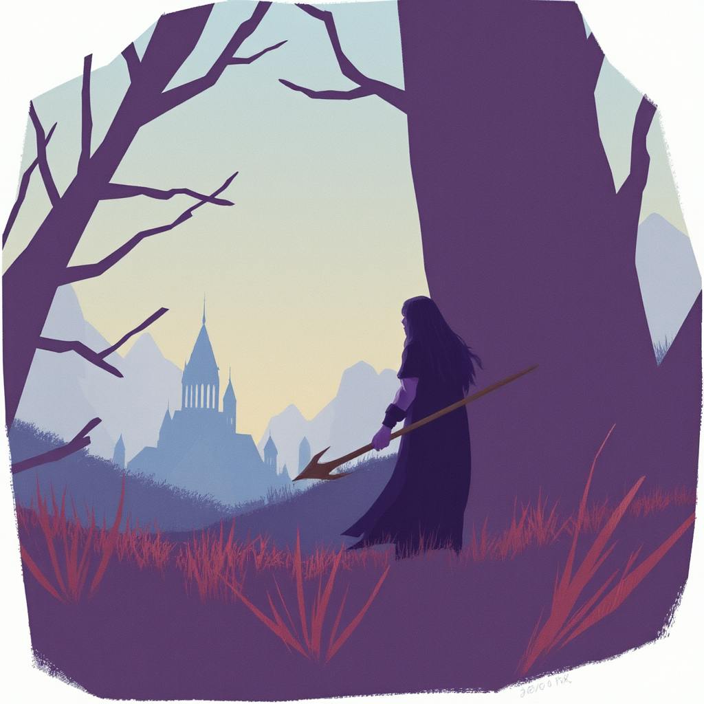 Fantasy warrior with long hair and a spear gazes toward a distant castle beyond the trees, evoking classic fan fiction prompts centered around epic quests and lost kingdoms.