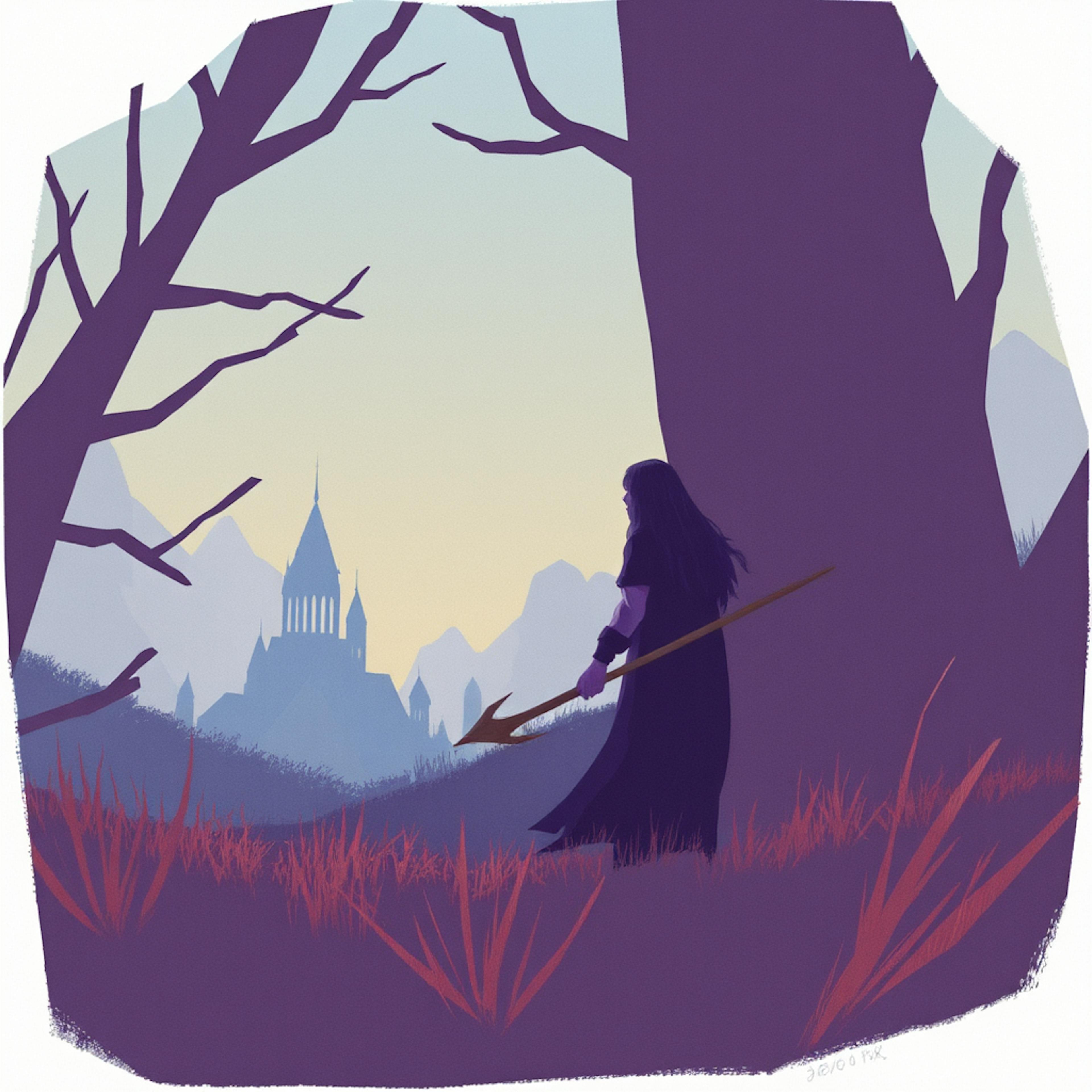 Fantasy warrior with long hair and a spear gazes toward a distant castle beyond the trees, evoking classic fan fiction prompts centered around epic quests and lost kingdoms.