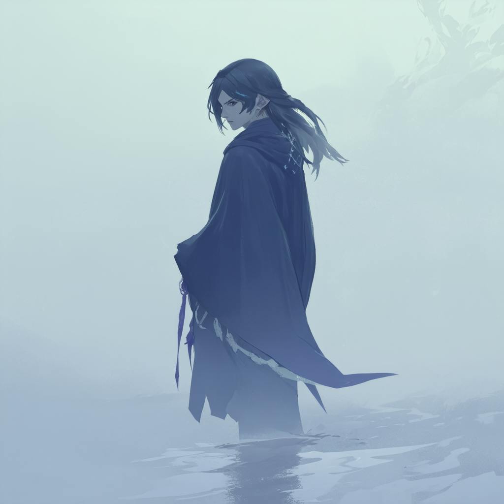Mysterious anime-style character in a dark cloak standing alone in a misty, ethereal landscape—perfect inspiration for moody and introspective fan fiction prompts.