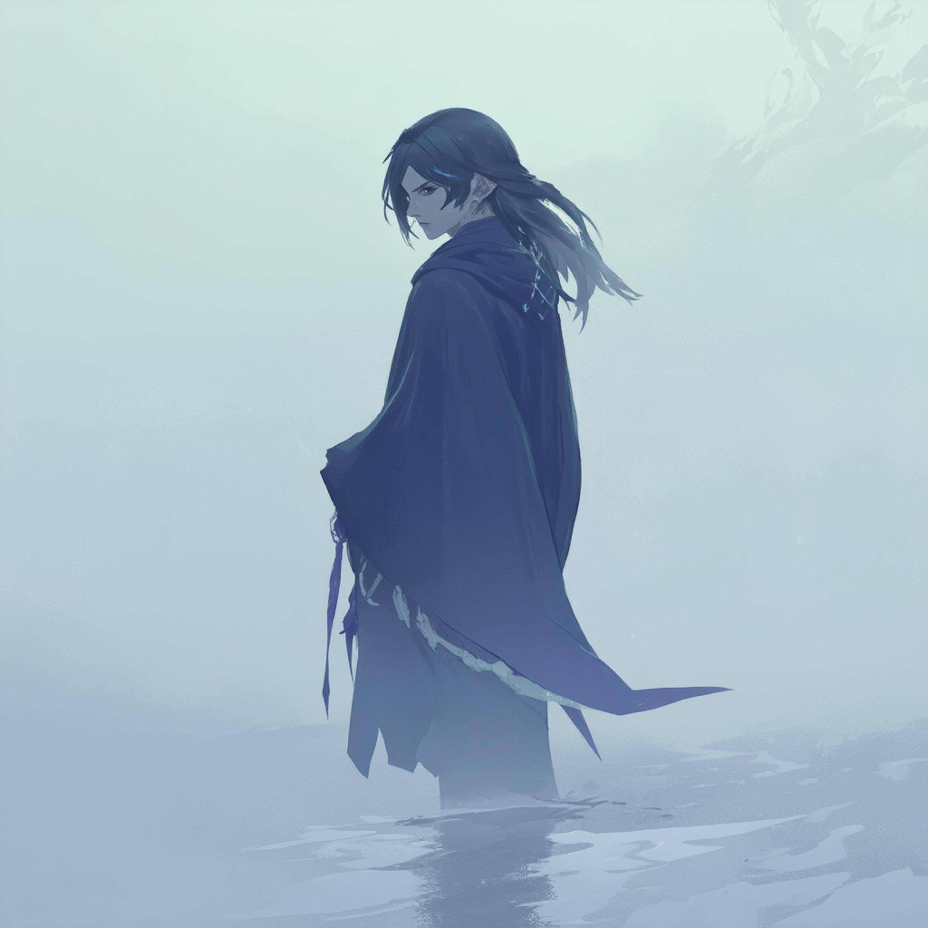 Mysterious anime-style character in a dark cloak standing alone in a misty, ethereal landscape—perfect inspiration for moody and introspective fan fiction prompts.