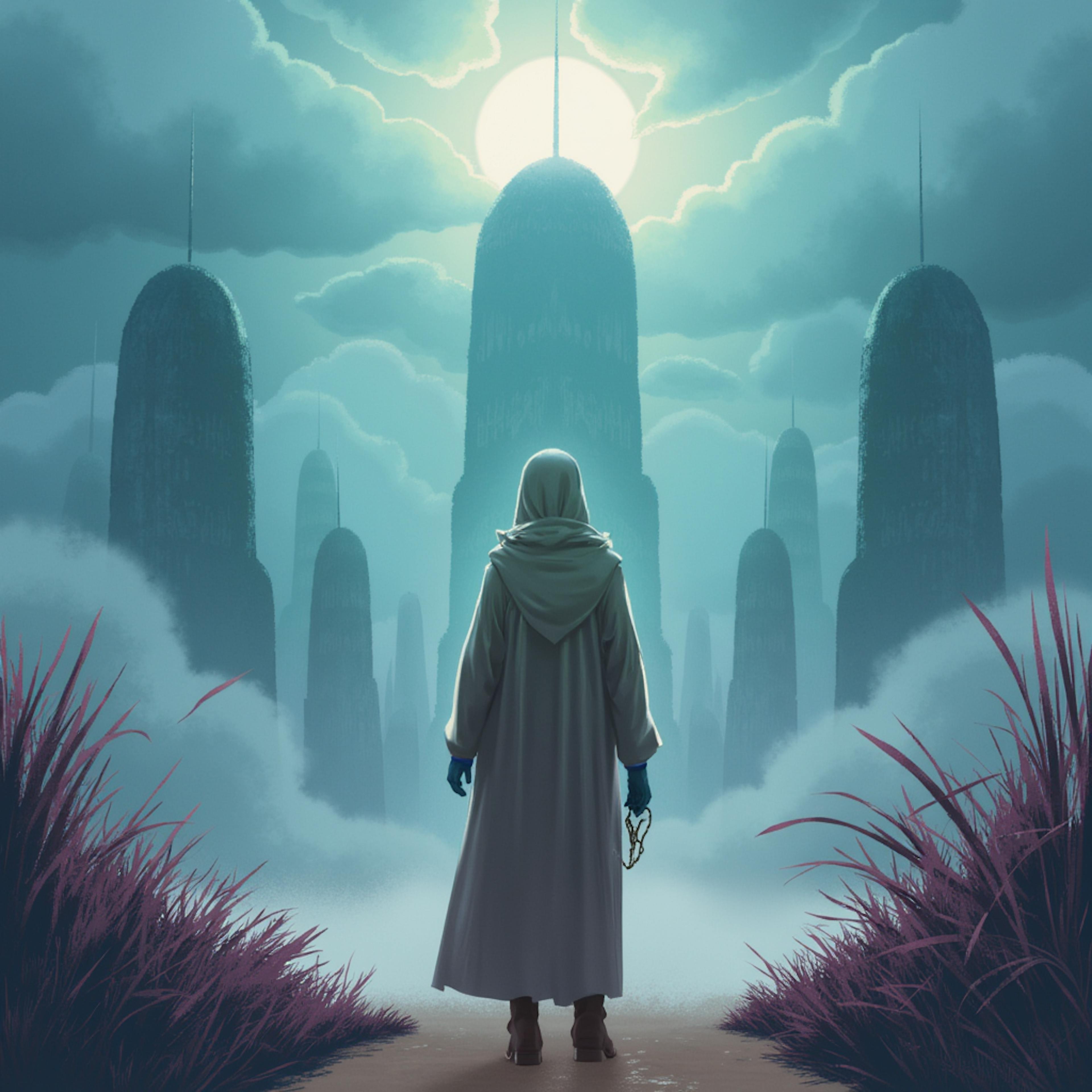 A cloaked figure holding glasses stands before a surreal landscape of towering spires under a glowing sky, symbolizing futuristic and contemplative fiction story examples set in dystopian worlds.