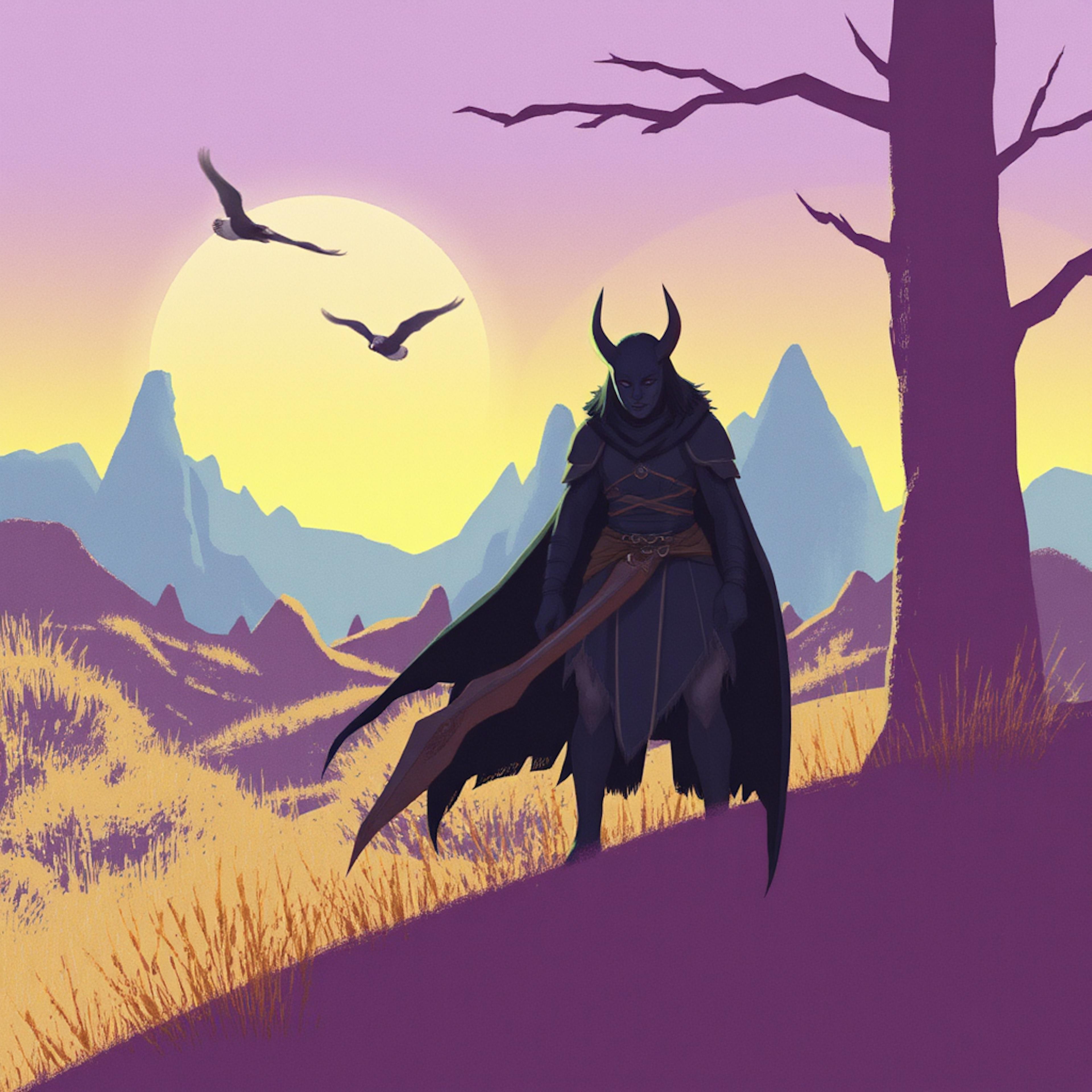 A horned warrior dressed in dark armor surveys a vivid mountain valley at sunset, representing bold and adventurous fiction story examples with themes of conquest and inner struggle.