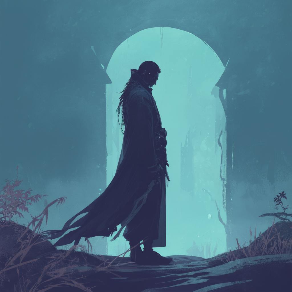 A mysterious figure draped in a flowing cloak stands silhouetted in front of a glowing archway, evoking the mood of dark fantasy fiction story examples filled with mystery and transformation.