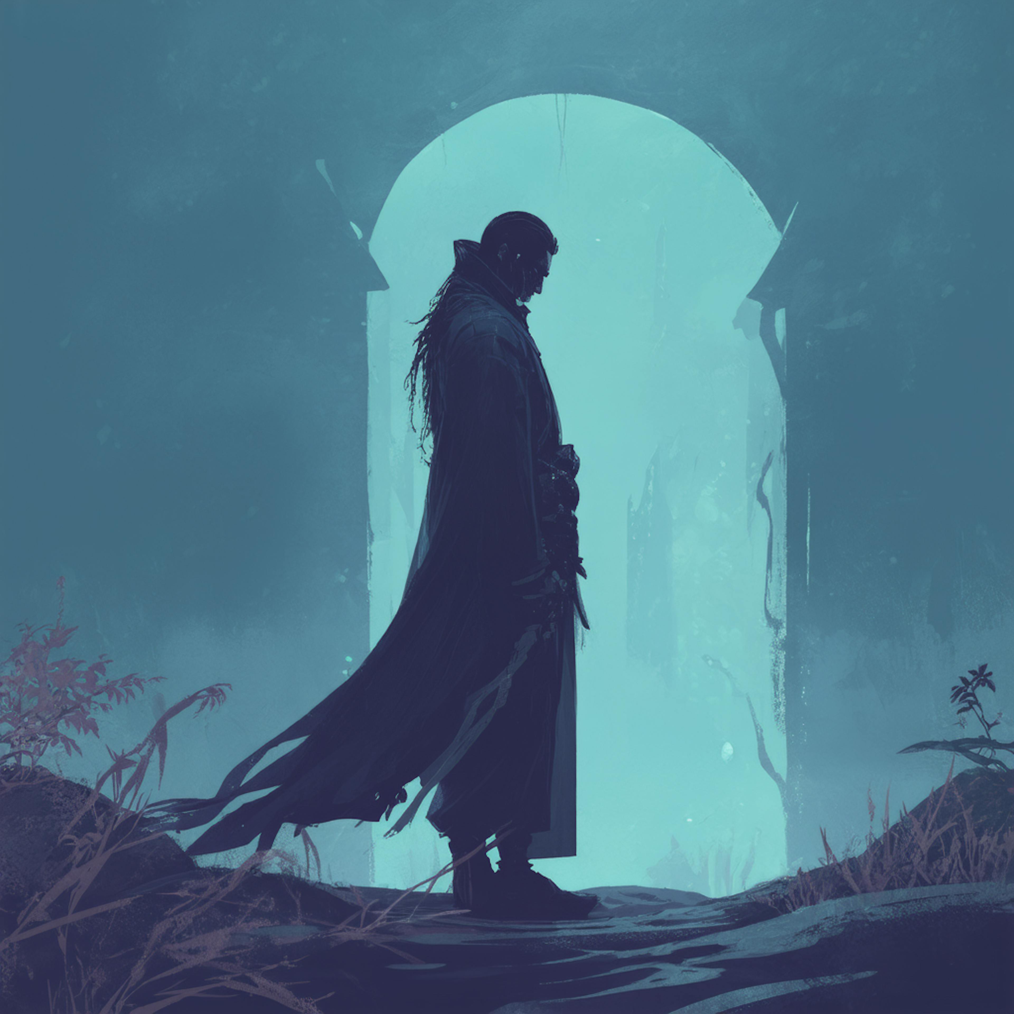 A mysterious figure draped in a flowing cloak stands silhouetted in front of a glowing archway, evoking the mood of dark fantasy fiction story examples filled with mystery and transformation.
