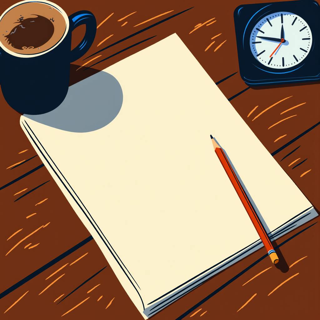 A stylized illustration of a wooden desk featuring a blank notepad, a red pencil, a black analog clock, and a cup of coffee casting a shadow—ideal setup for drafting flash fiction examples.