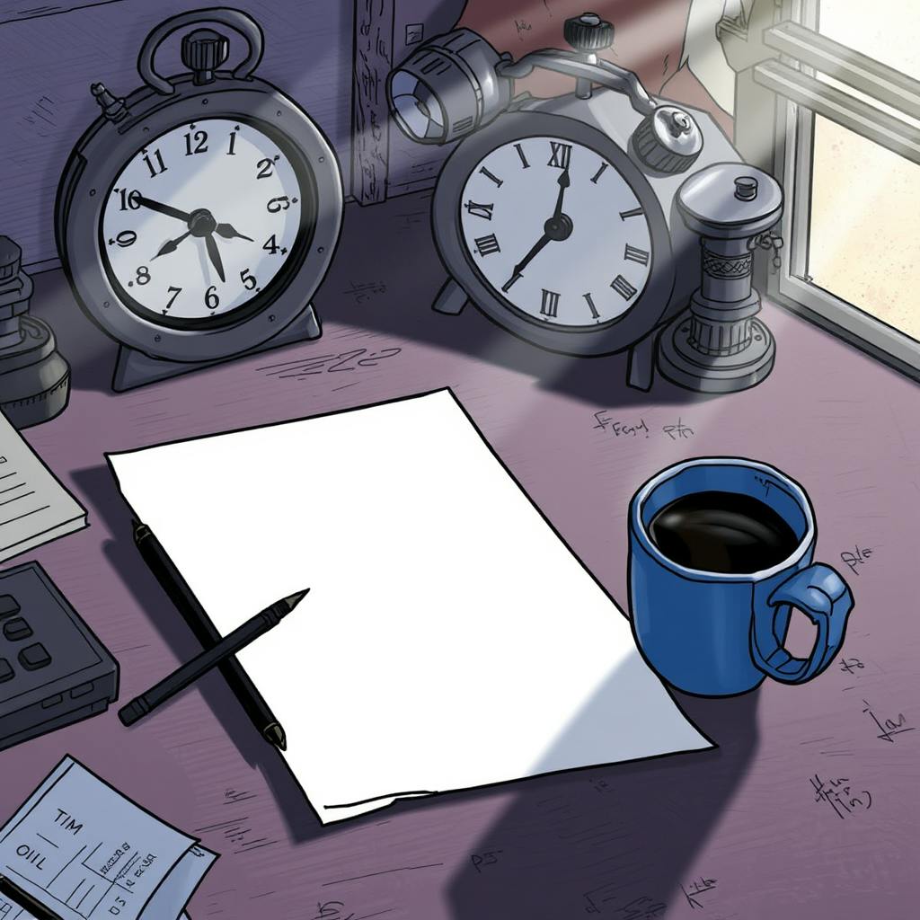 Vintage-styled desktop with several old-fashioned clocks, a blank sheet of paper, a black pen, and a blue coffee mug, suggesting a creative workspace for writing flash fiction examples.
