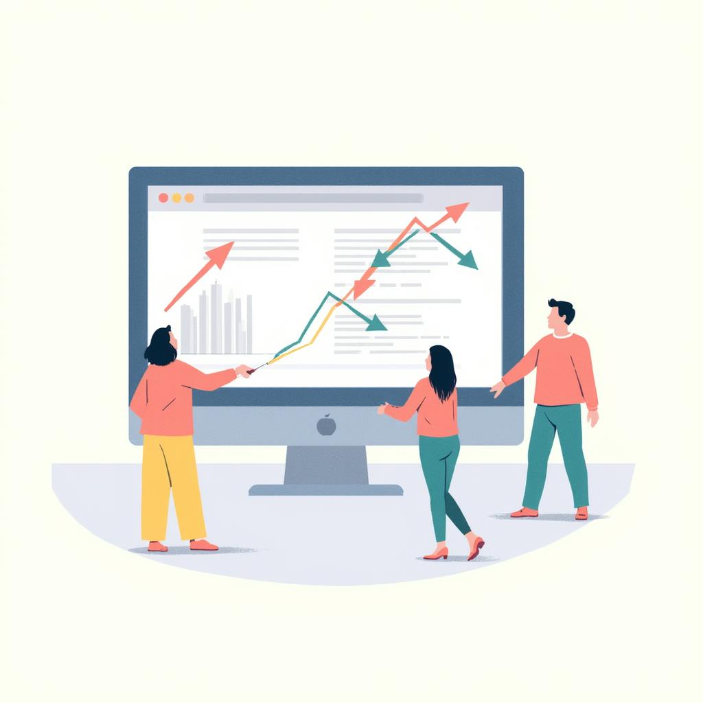 Three individuals pointing at rising and falling arrow graphs on a large monitor, illustrating the impact of marketing efforts to get traffic to your website.