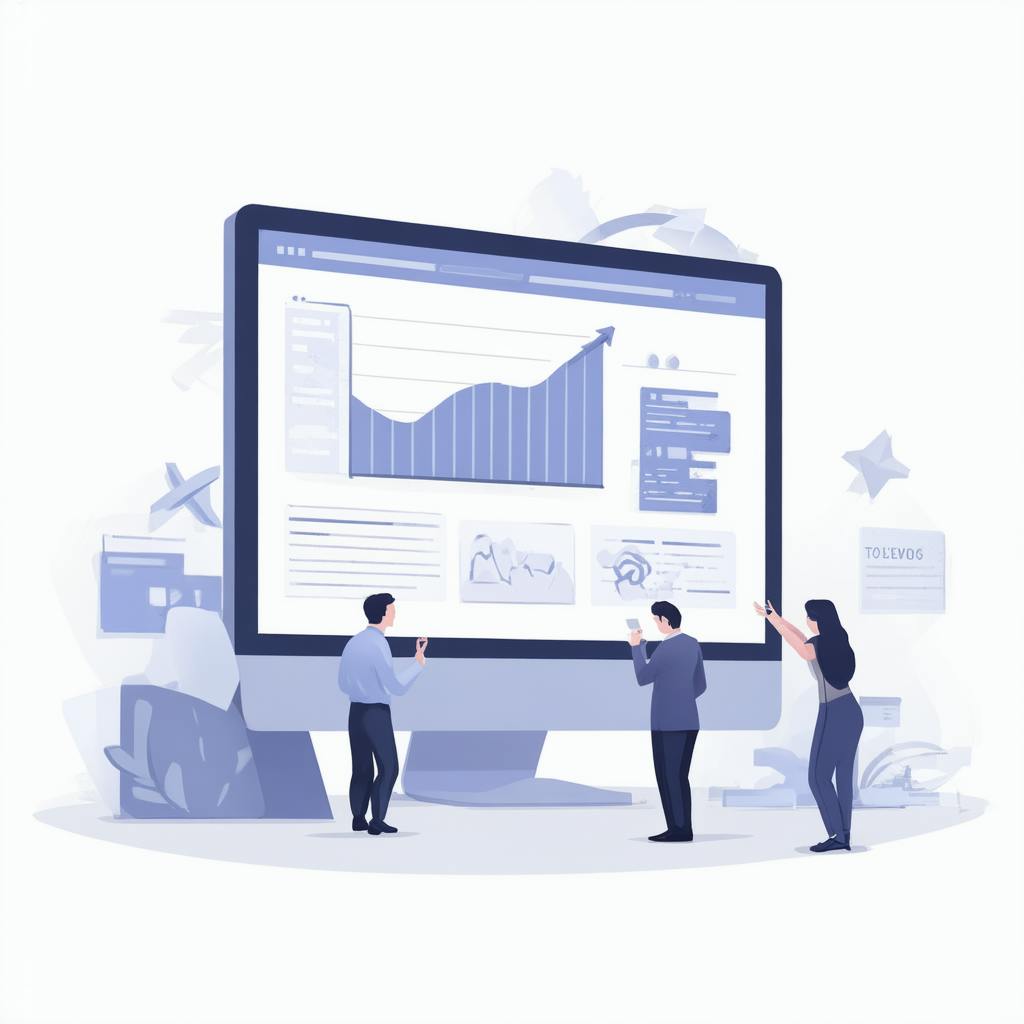 A group of business professionals standing in front of a large computer monitor displaying analytics and upward-trending graphs, representing strategies to get traffic to your website.