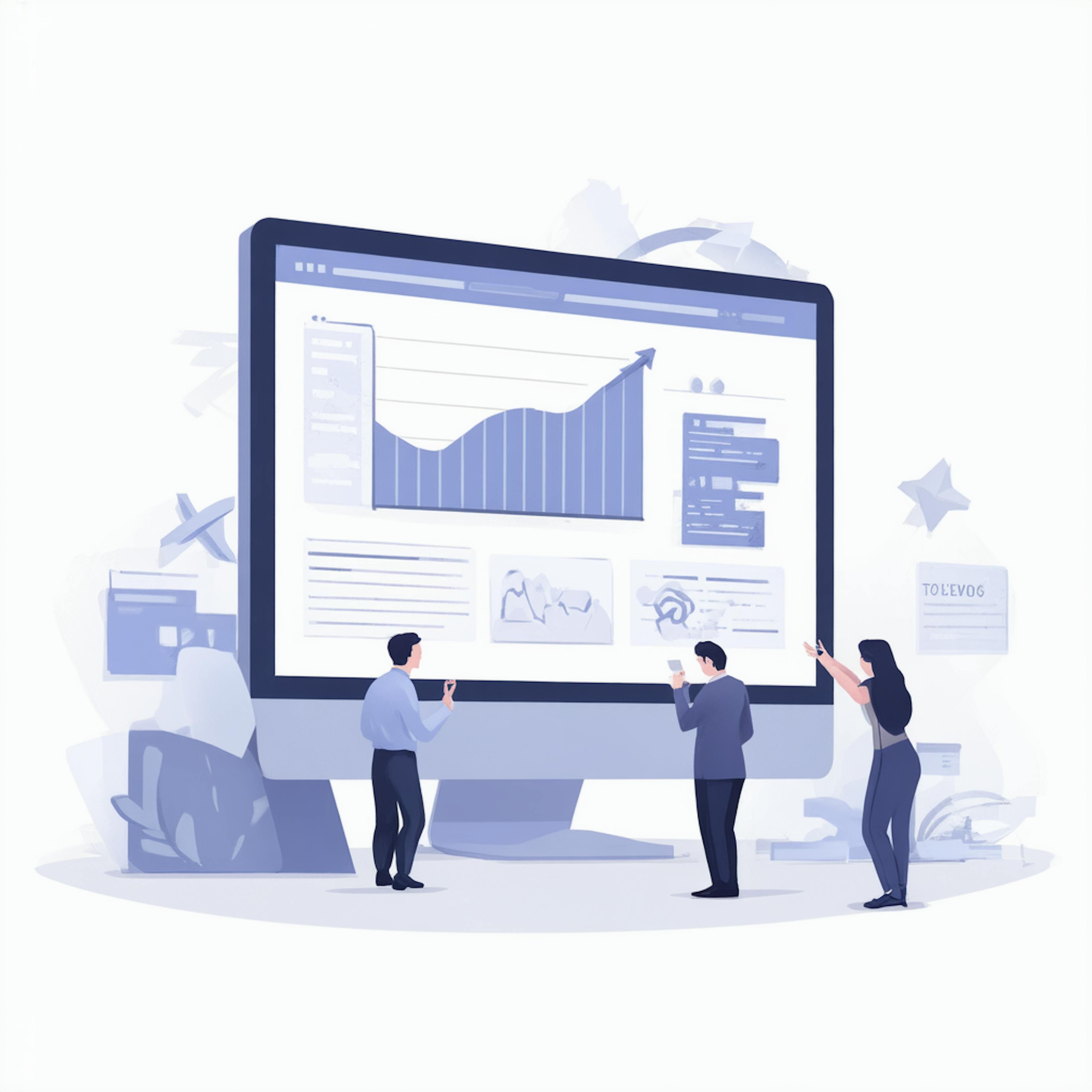 A group of business professionals standing in front of a large computer monitor displaying analytics and upward-trending graphs, representing strategies to get traffic to your website.