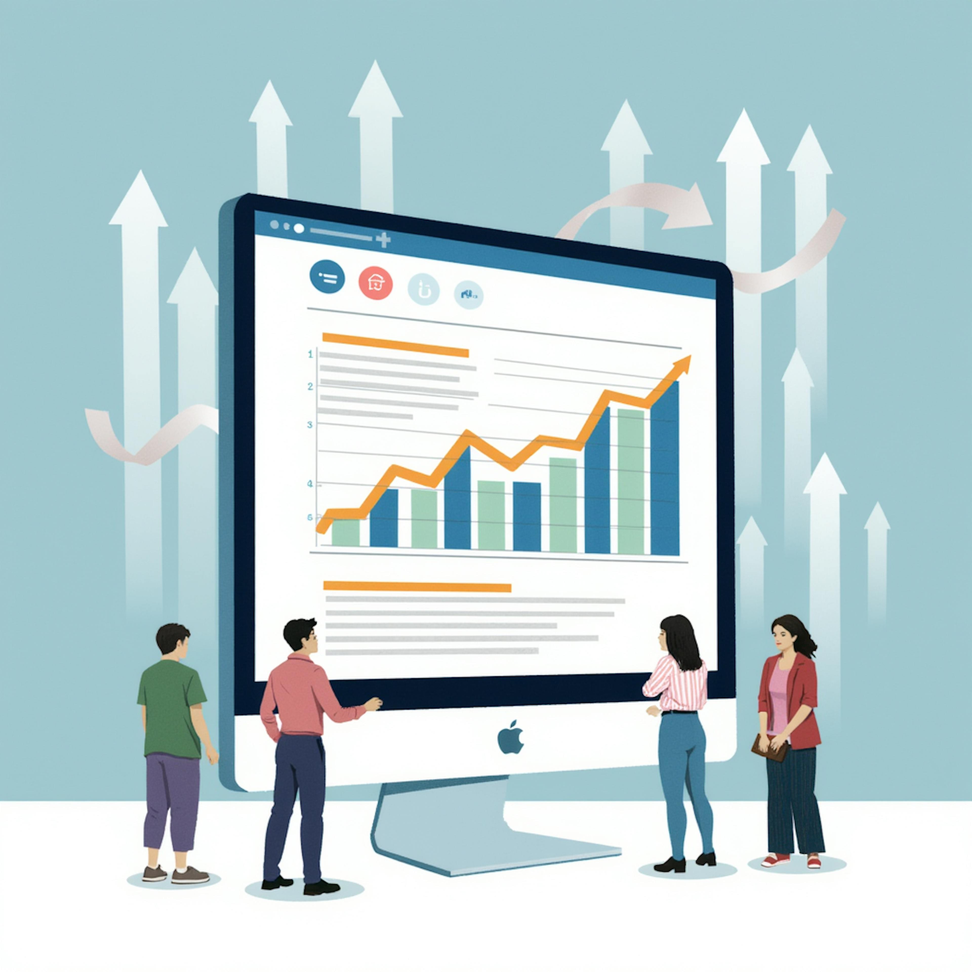 Four people analyzing a giant desktop screen filled with charts and arrow graphs indicating growth, symbolizing how to get traffic to your website through performance data.