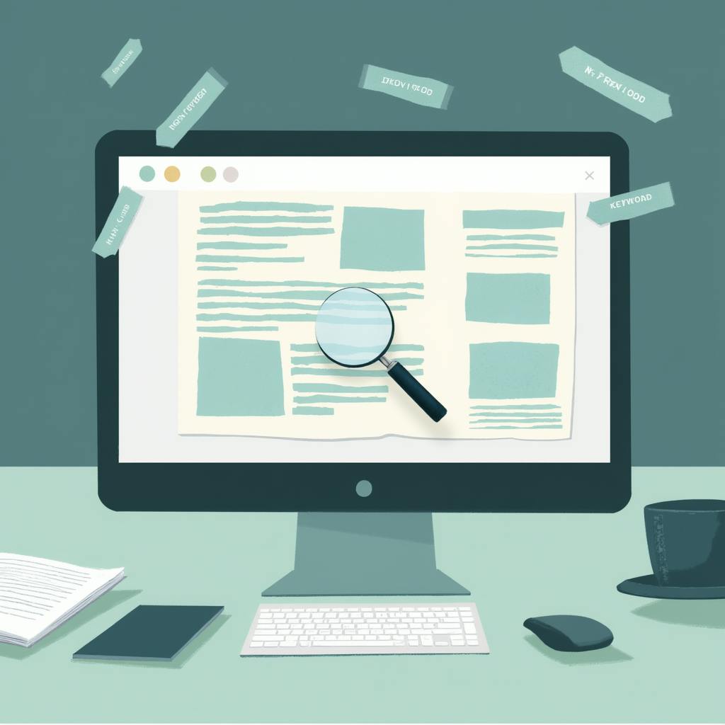 Flat-style graphic showing a desktop screen with scattered tags labeled “keyword” and a magnifying glass over content blocks, depicting the process of how to add keywords to website for SEO optimization.