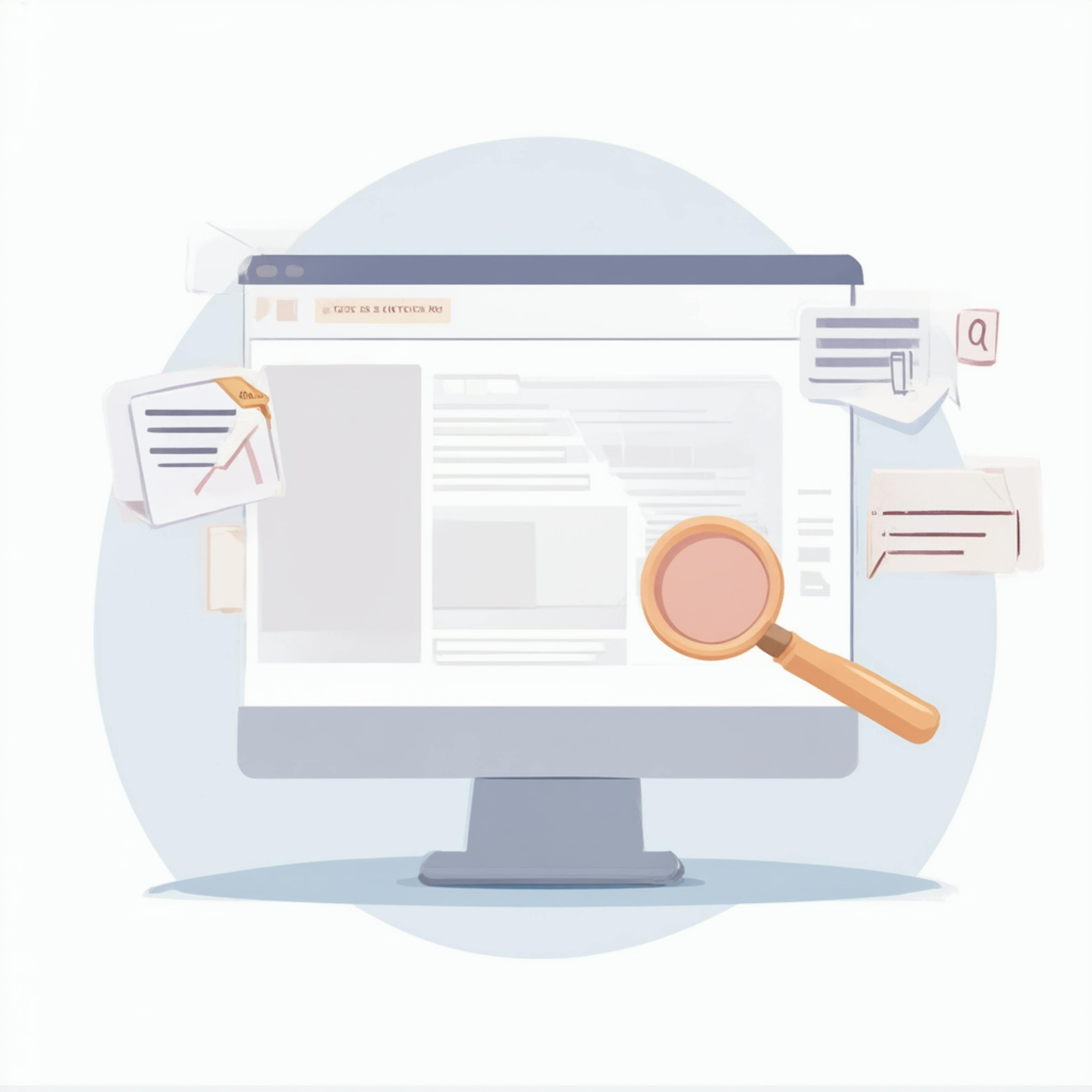 Minimalist digital scene of a monitor surrounded by search and analytics icons, emphasizing the concept of how to add keywords to website through strategic content planning and tagging.