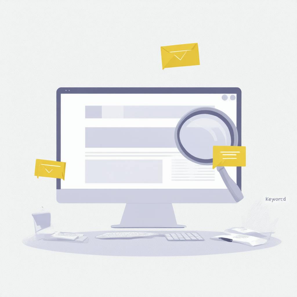 Illustration of a computer monitor displaying a website layout with floating yellow envelopes and a magnifying glass highlighting content, representing how to add keywords to website effectively.