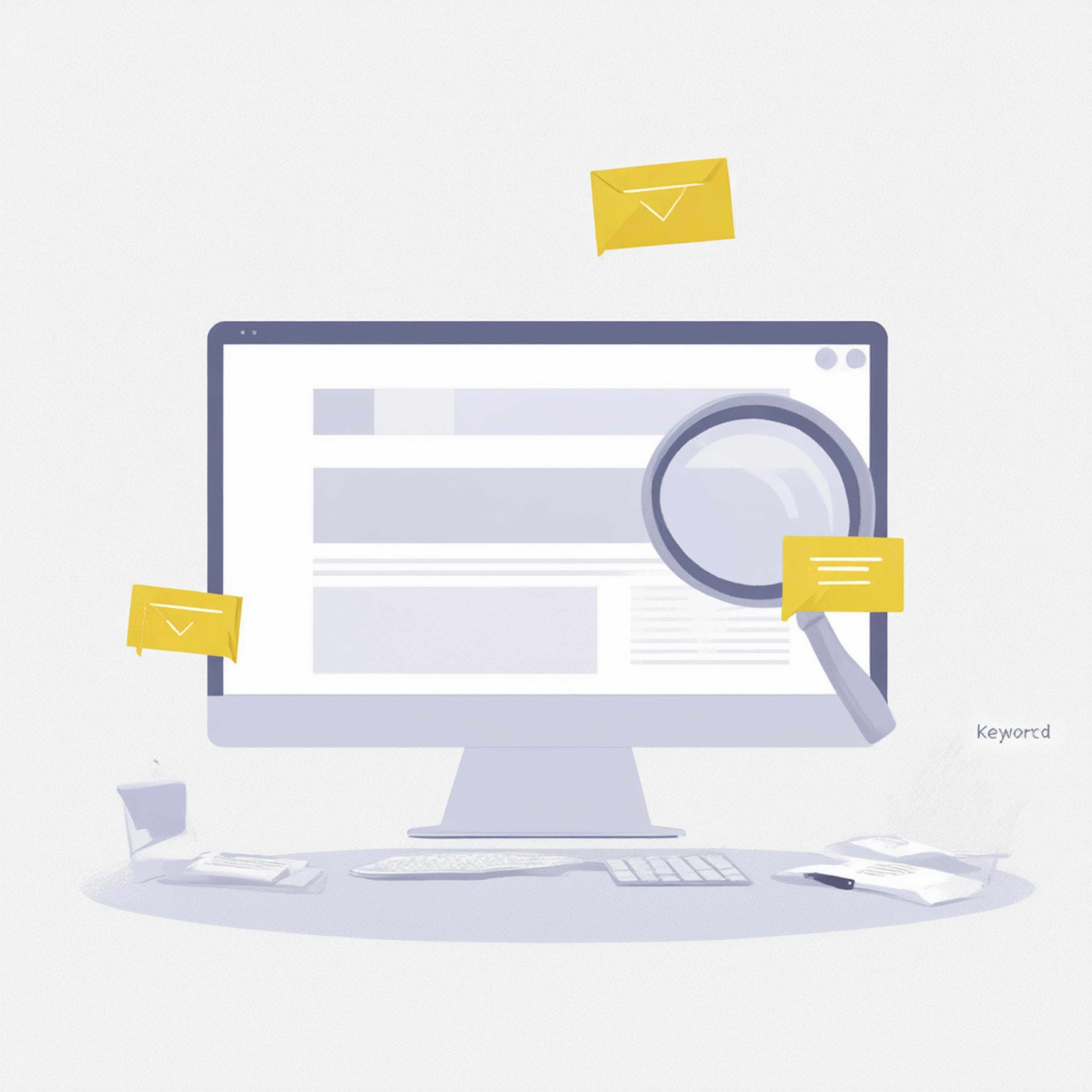 Illustration of a computer monitor displaying a website layout with floating yellow envelopes and a magnifying glass highlighting content, representing how to add keywords to website effectively.