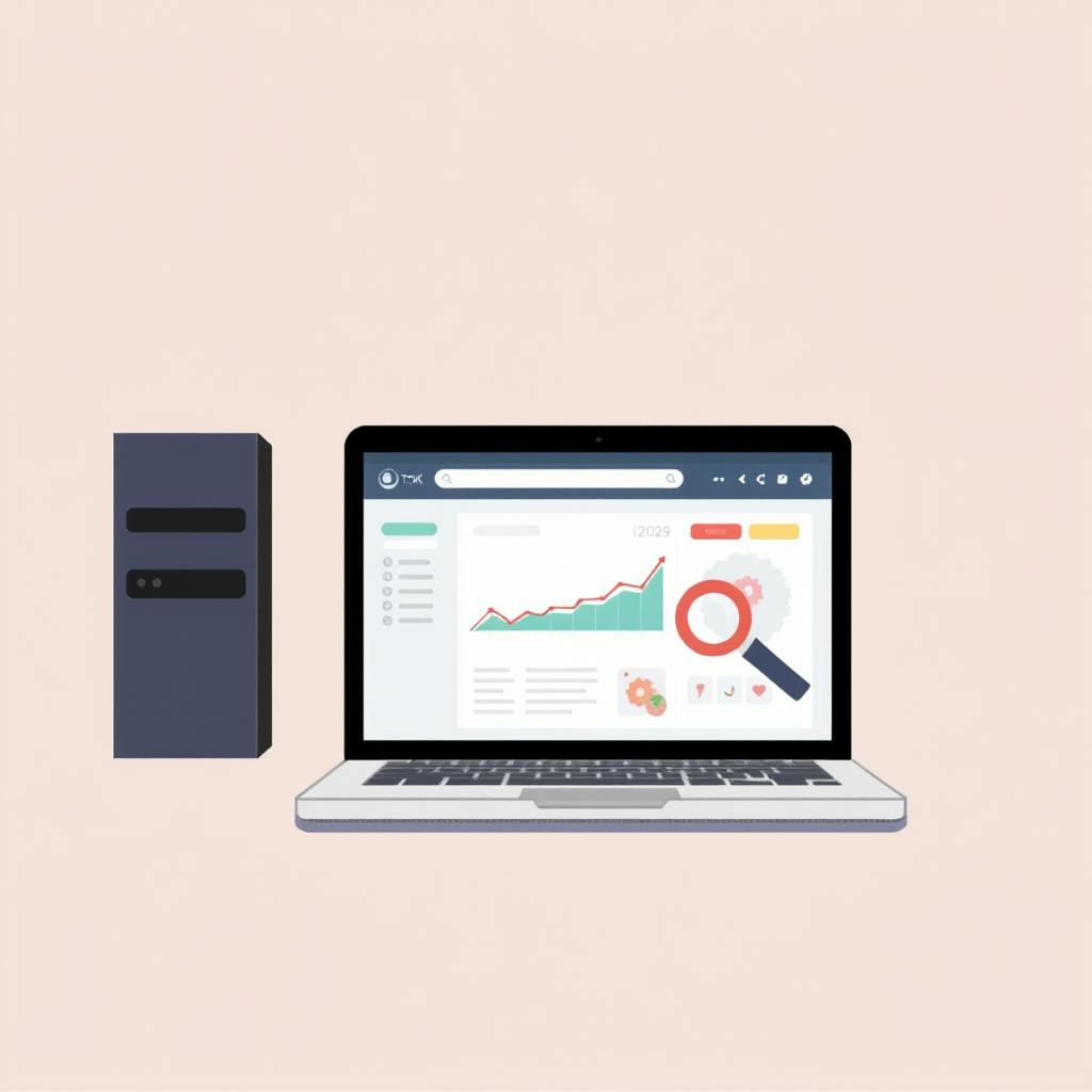 A computer setup with a laptop screen showing rising web traffic charts, a magnifying glass, and SEO-related icons, visually illustrating how to boost website SEO.