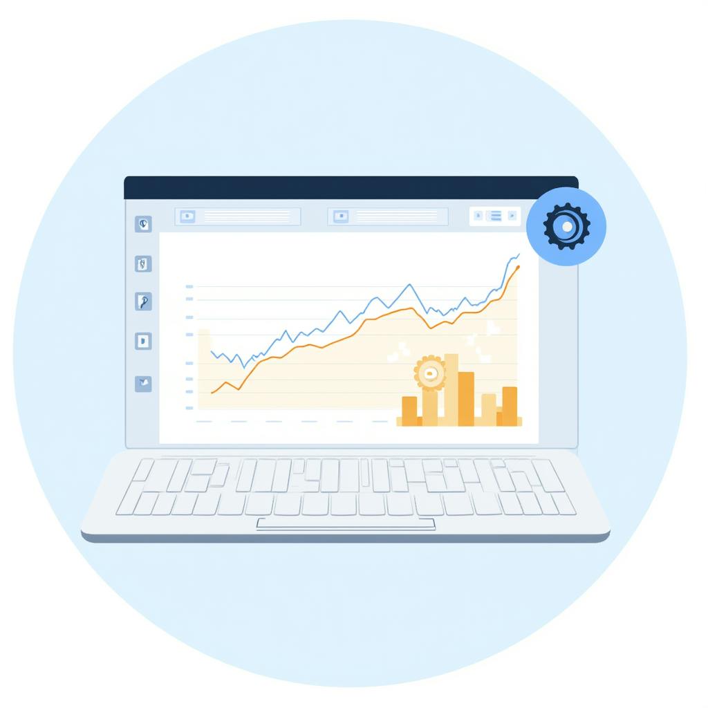 A laptop screen displays upward-trending SEO graphs and gear icons, representing how to boost website SEO through performance tracking and optimization tools.