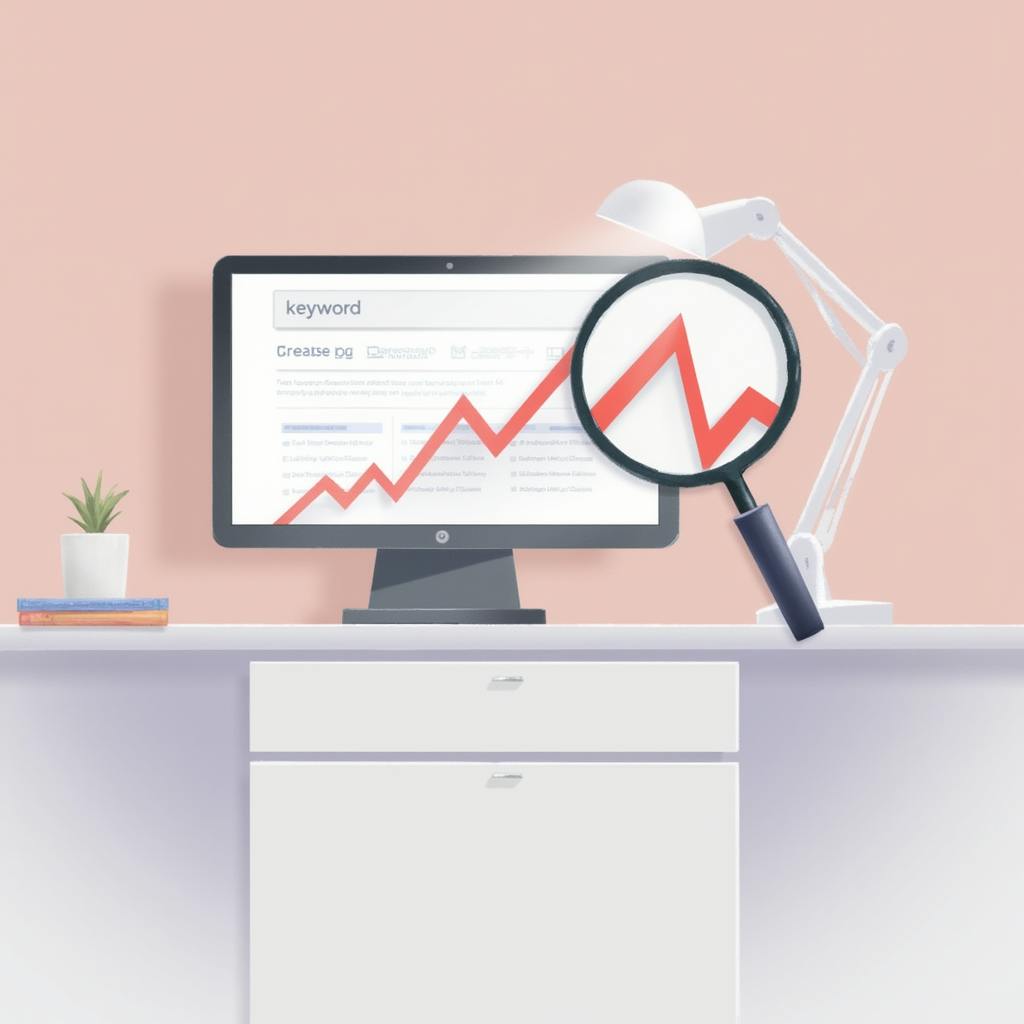 A home office desk with a monitor showing keyword tools and a red growth chart under a magnifying glass, symbolizing how to find popular keywords for SEO success.