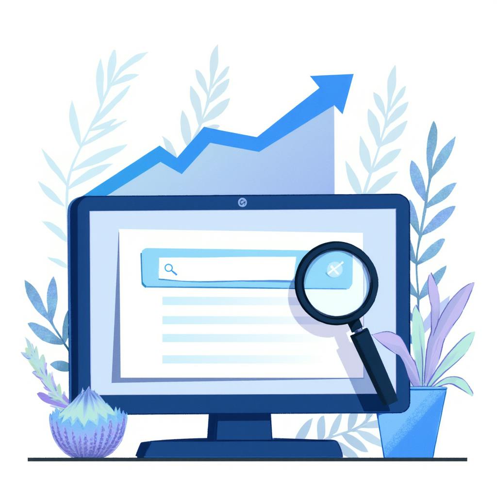 A computer screen with a search bar and rising arrow graphic, surrounded by plants and a magnifying glass, illustrating how to find popular keywords in search data.