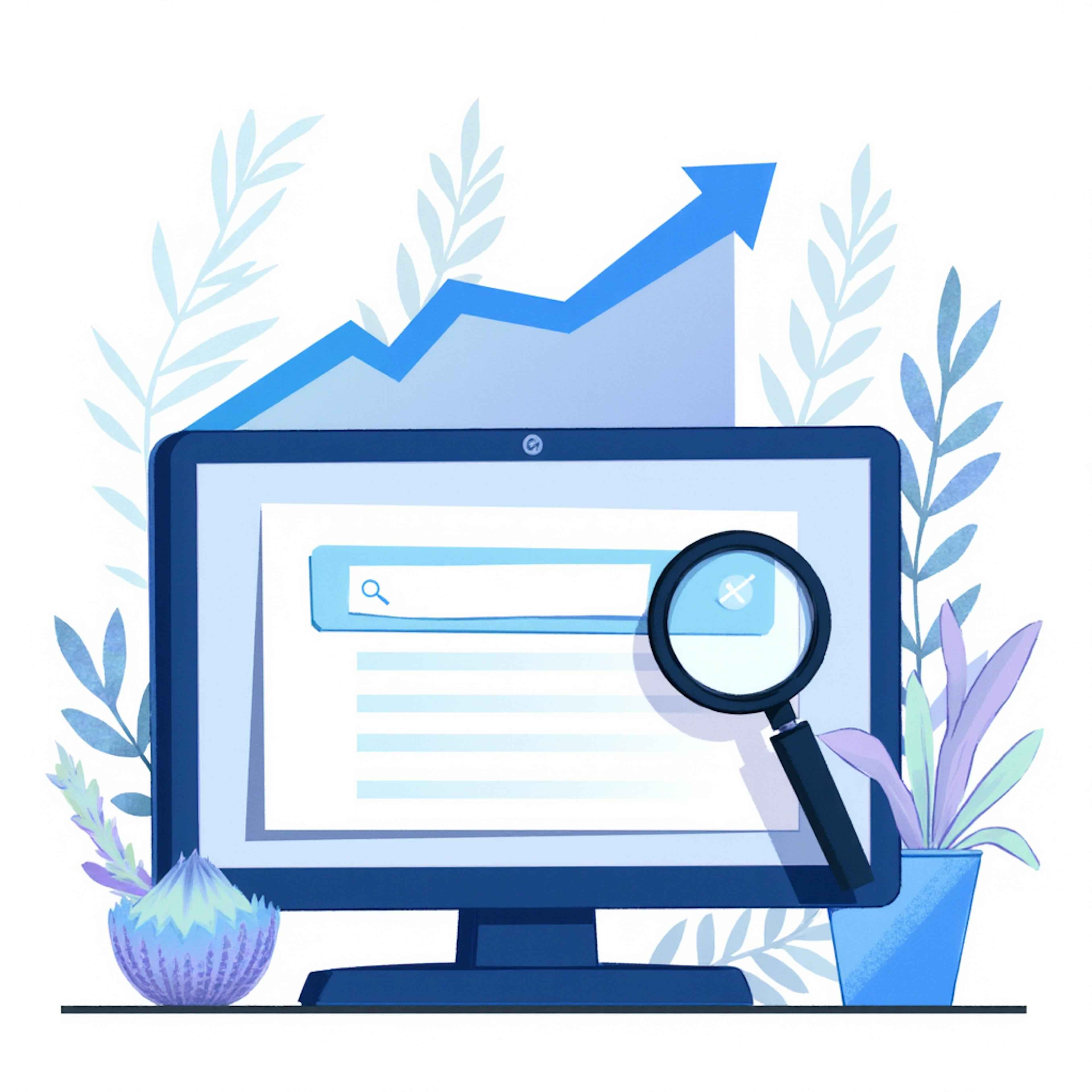 A computer screen with a search bar and rising arrow graphic, surrounded by plants and a magnifying glass, illustrating how to find popular keywords in search data.